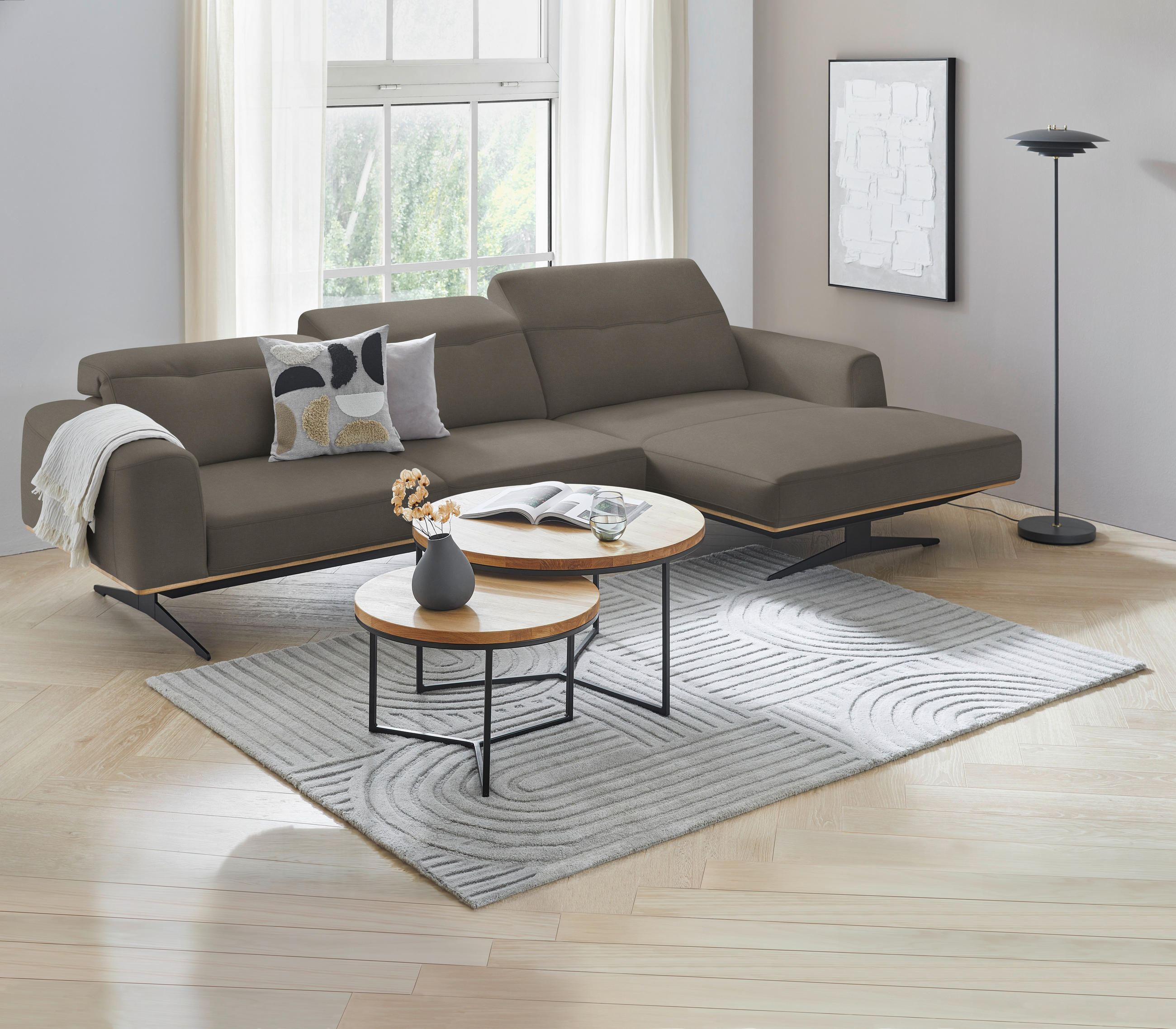 ECKSOFA in Echtleder Graubraun  - Eichefarben/Graubraun, Design, Leder/Holz (305/163cm) - Novel