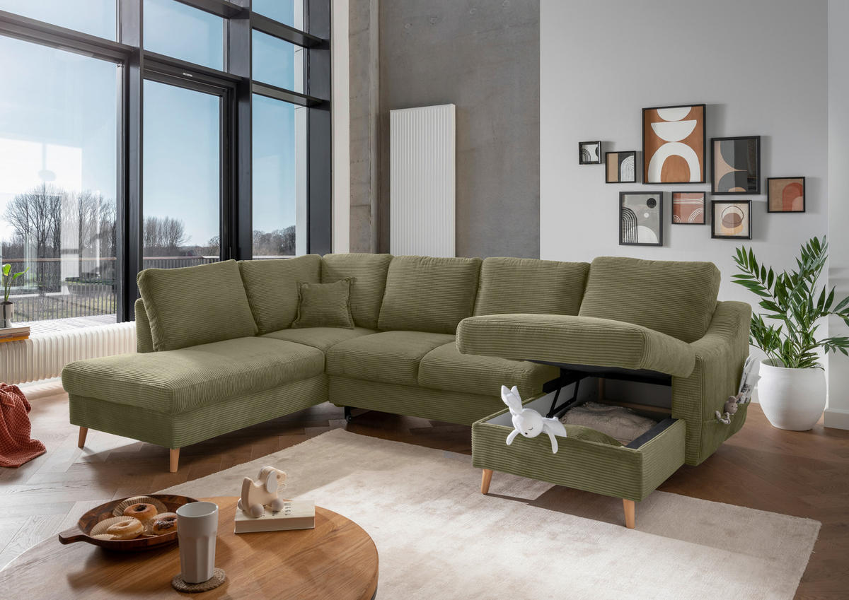 WOHNLANDSCHAFT Olivgrün Cord  - Naturfarben/Olivgrün, KONVENTIONELL, Holz/Textil (200/301/150cm) - P & B