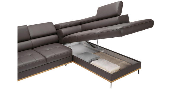 ECKSOFA Dunkelbraun Echtleder - Dunkelbraun/Schwarz, Design, Leder/Holz (252/220cm) - Novel
