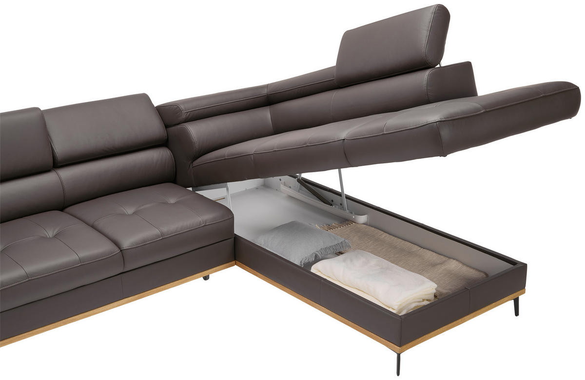 ECKSOFA Dunkelbraun Echtleder  - Dunkelbraun/Schwarz, Design, Leder/Holz (252/220cm) - Novel