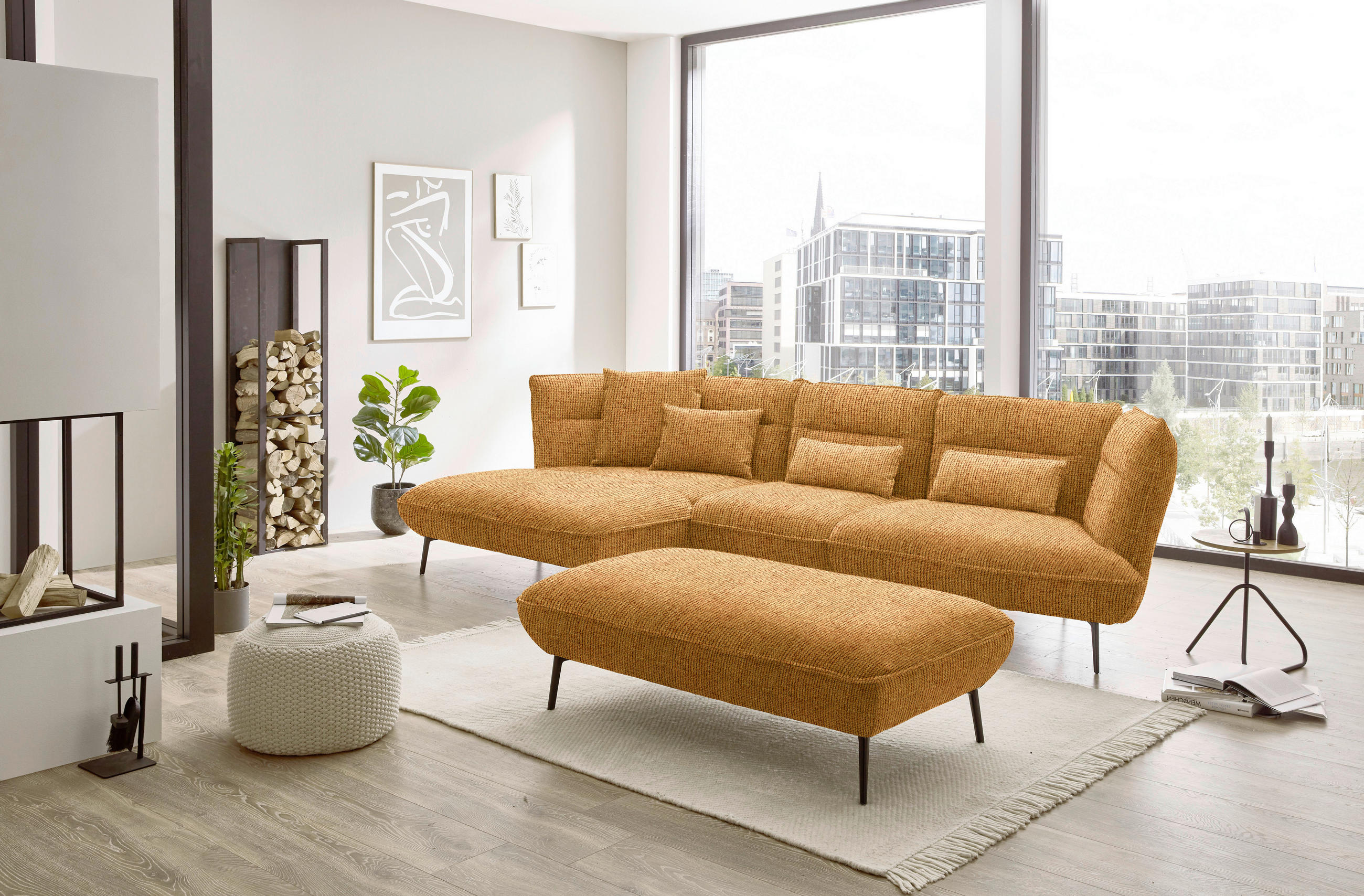 ECKSOFA in Flachgewebe Currygelb  - Currygelb/Schwarz, Design, Textil/Metall (153/339cm) - Moderano