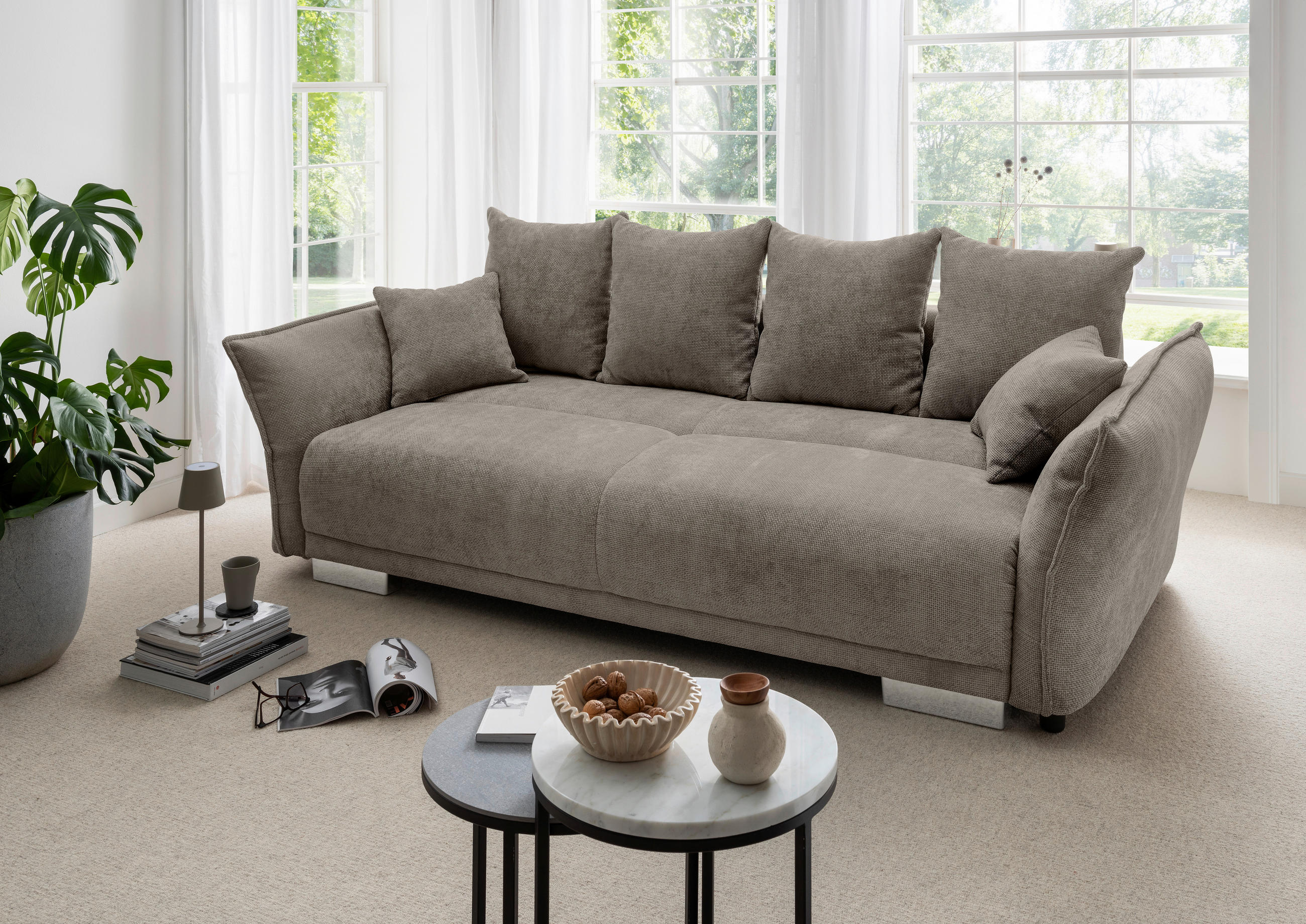 BIGSOFA Mikrofaser Graubraun  - Chromfarben/Graubraun, Basics, Kunststoff/Textil (242/71/90/131cm) - Livetastic