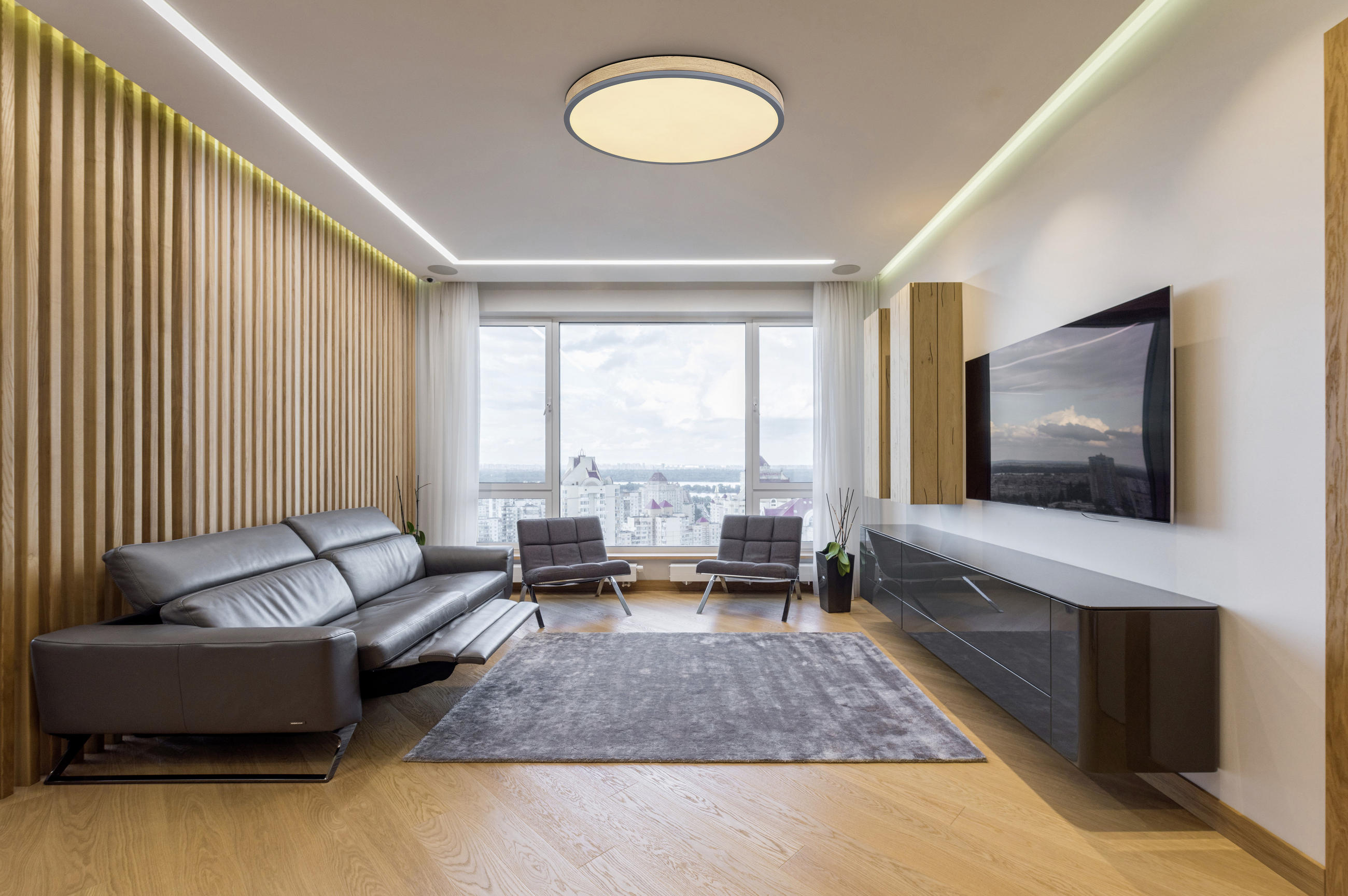 LED-DECKENLEUCHTE 40 W     - Opal/Graphitfarben, Natur, Holzwerkstoff/Kunststoff (60/8,5cm) - Globo