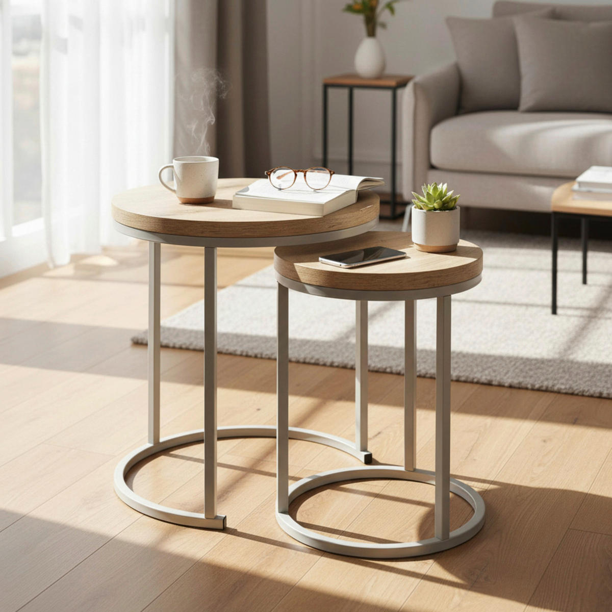 BEISTELLTISCHSET rund Grau, Eichefarben  - Eichefarben/Grau, Trend, Holzwerkstoff/Metall (32-45/32-45/43-49cm)