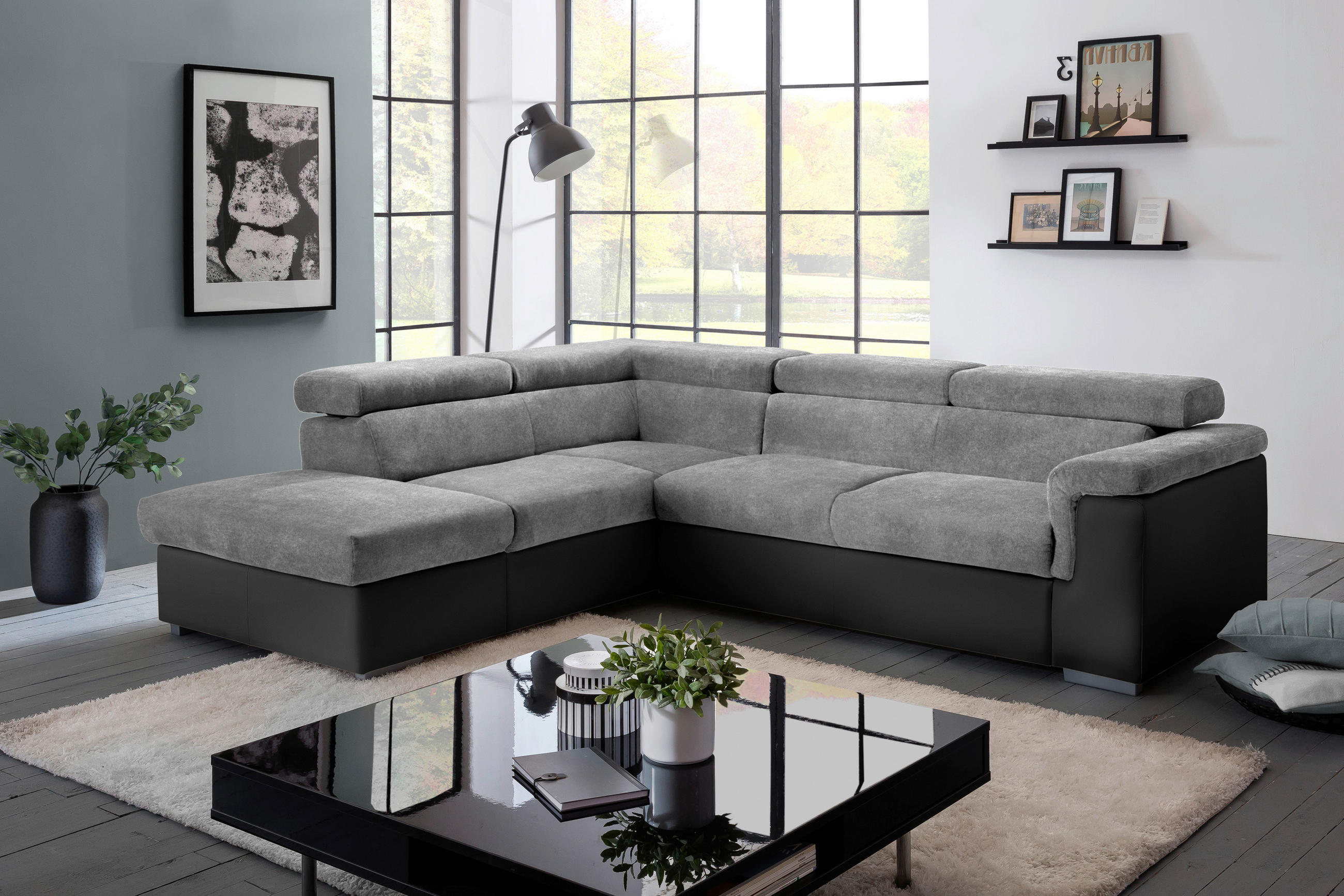 ECKSOFA Grau, Schwarz Lederlook, Flachgewebe  - Schwarz/Grau, Basics, Holz/Textil (217/252cm) - MID.YOU