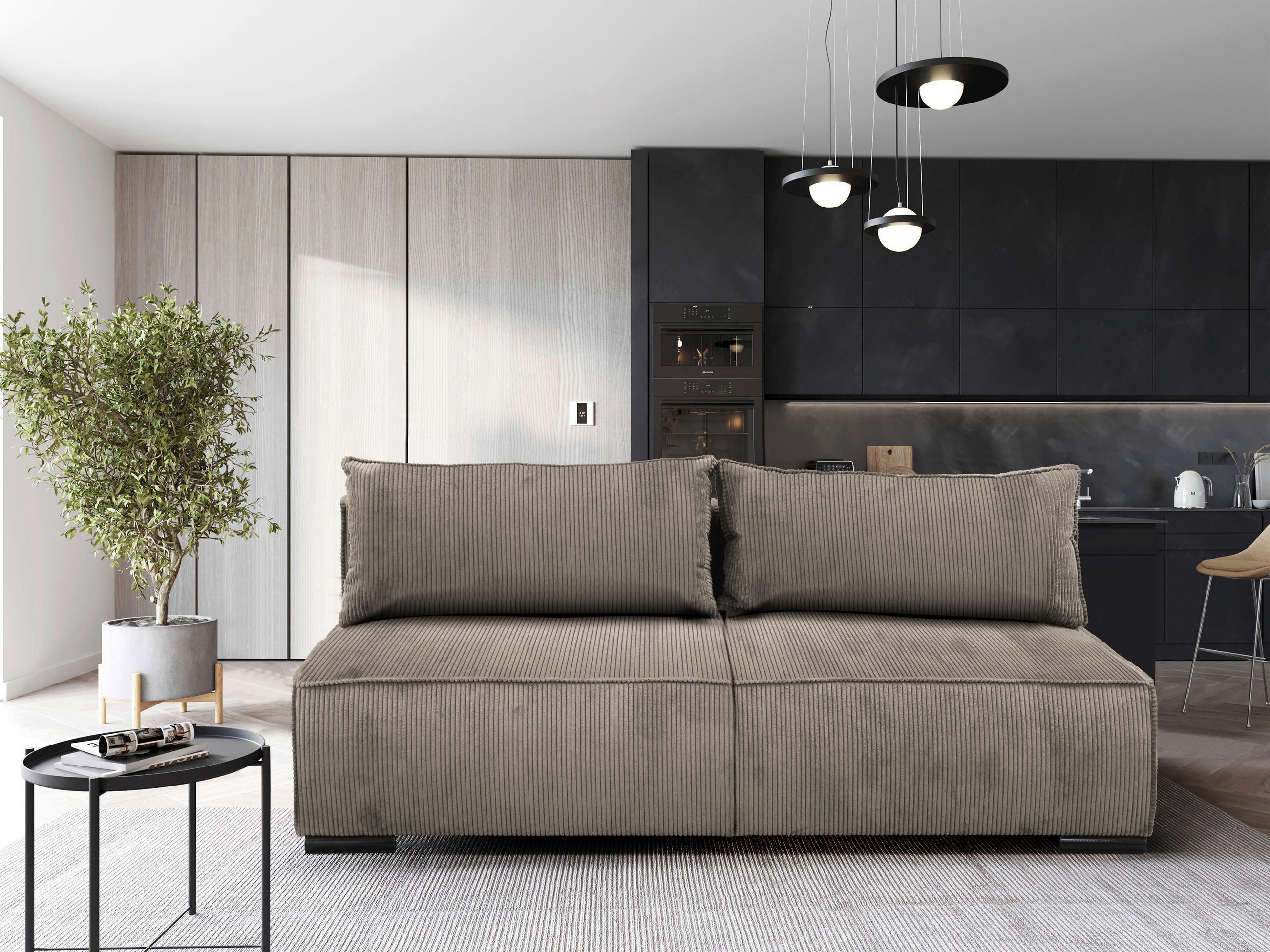 SCHLAFSOFA Struktur Hellbraun  - Hellbraun/Schwarz, Design, Kunststoff/Textil (202/90/99cm) - MID.YOU