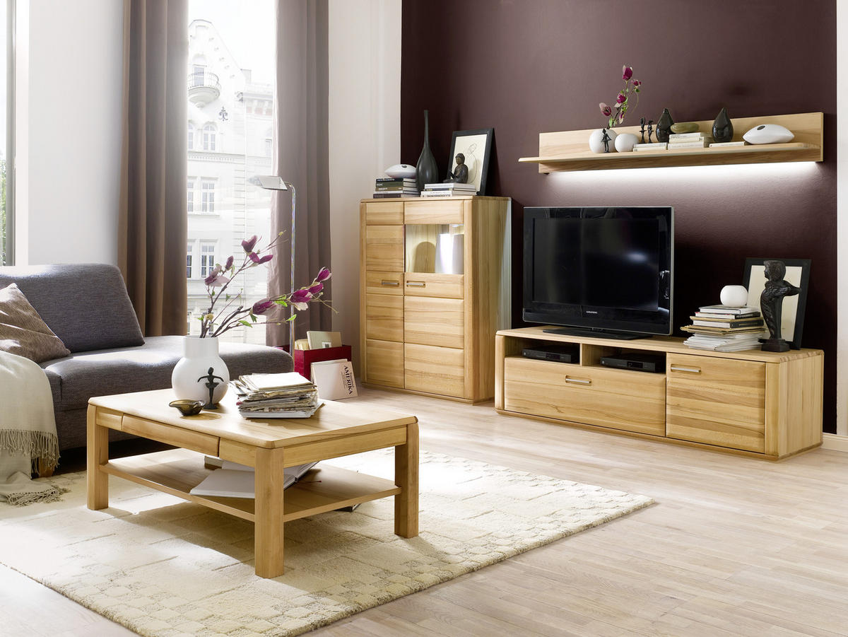 WOHNWAND La Paz  in Buchefarben  300/176/51 cm  - Buchefarben/Silberfarben, Design, Glas/Holz (300/176/51cm) - Livetastic
