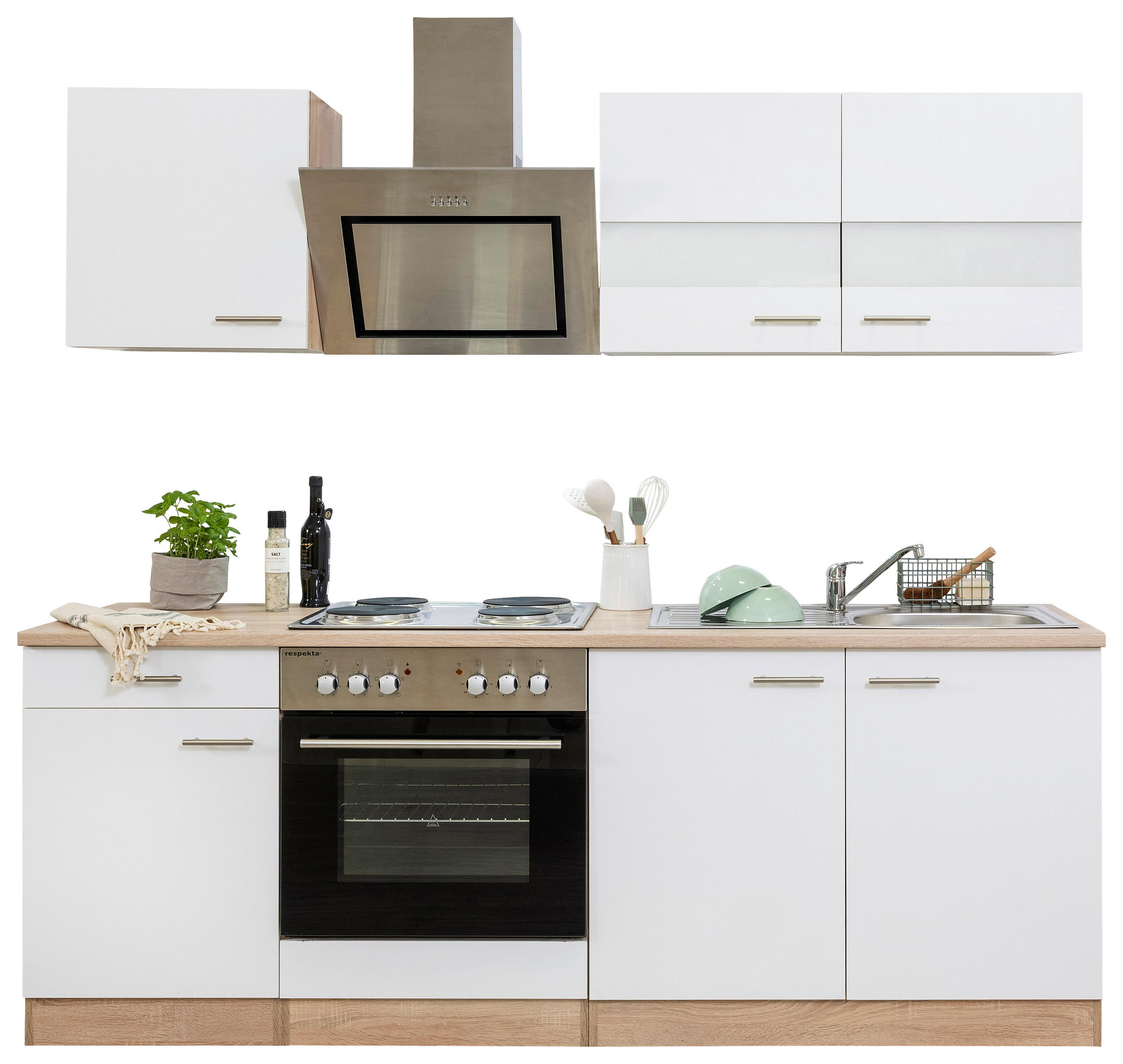 KÜCHENBLOCK 210 cm in Weiß - Edelstahlfarben/Eichefarben, Basics, Holzwerkstoff/Metall (210cm) - Respekta