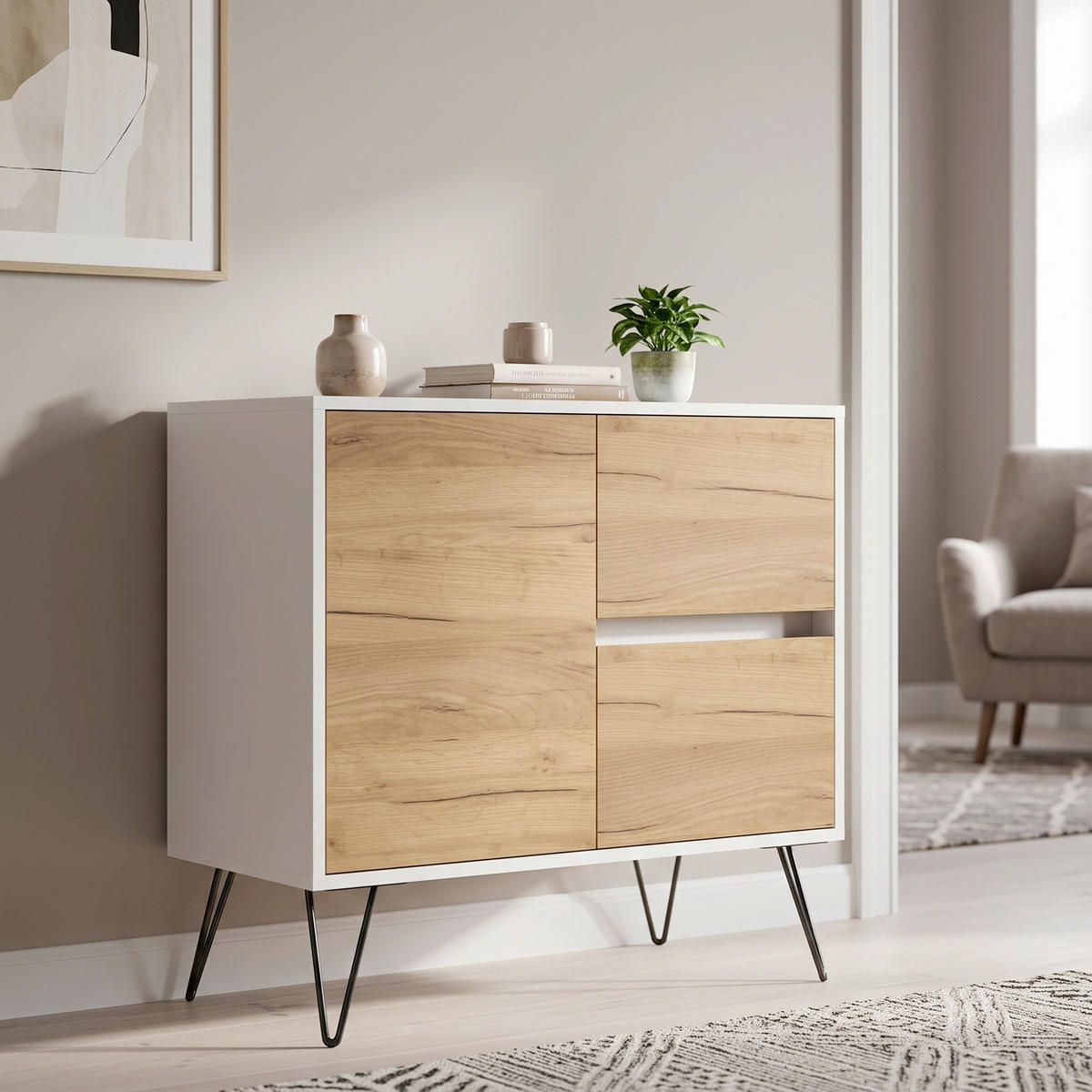 SIDEBOARD Posseik Industrial 79/75,8/42 cm 2 Schublade(n)  - Weiß Hochglanz/Eichefarben, Design, Holzwerkstoff/Metall (79/75,8/42cm) - MID.YOU