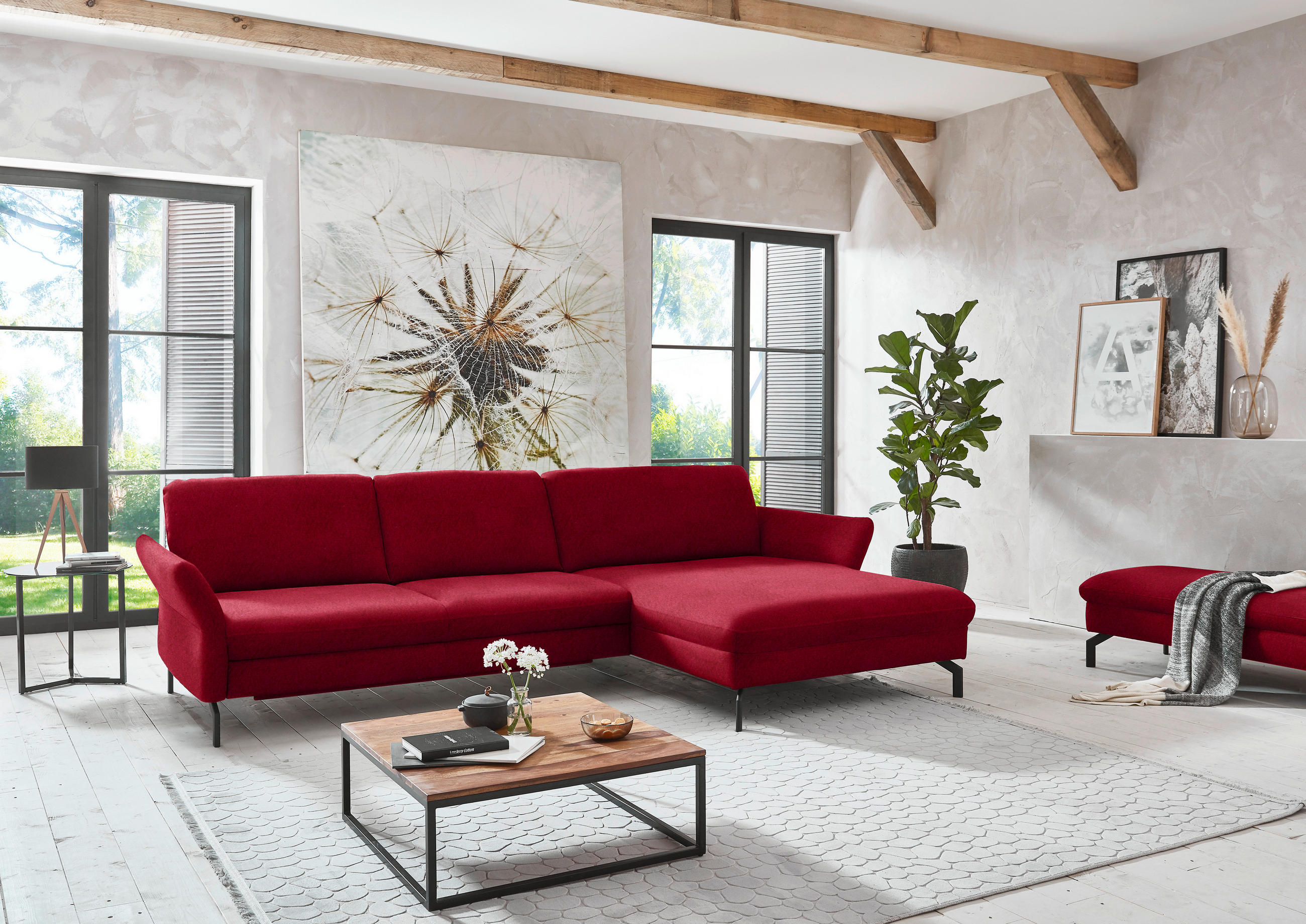 ECKSOFA in Velours Rot  - Rot/Schwarz, Design, Textil/Metall (306/179cm) - Beldomo System