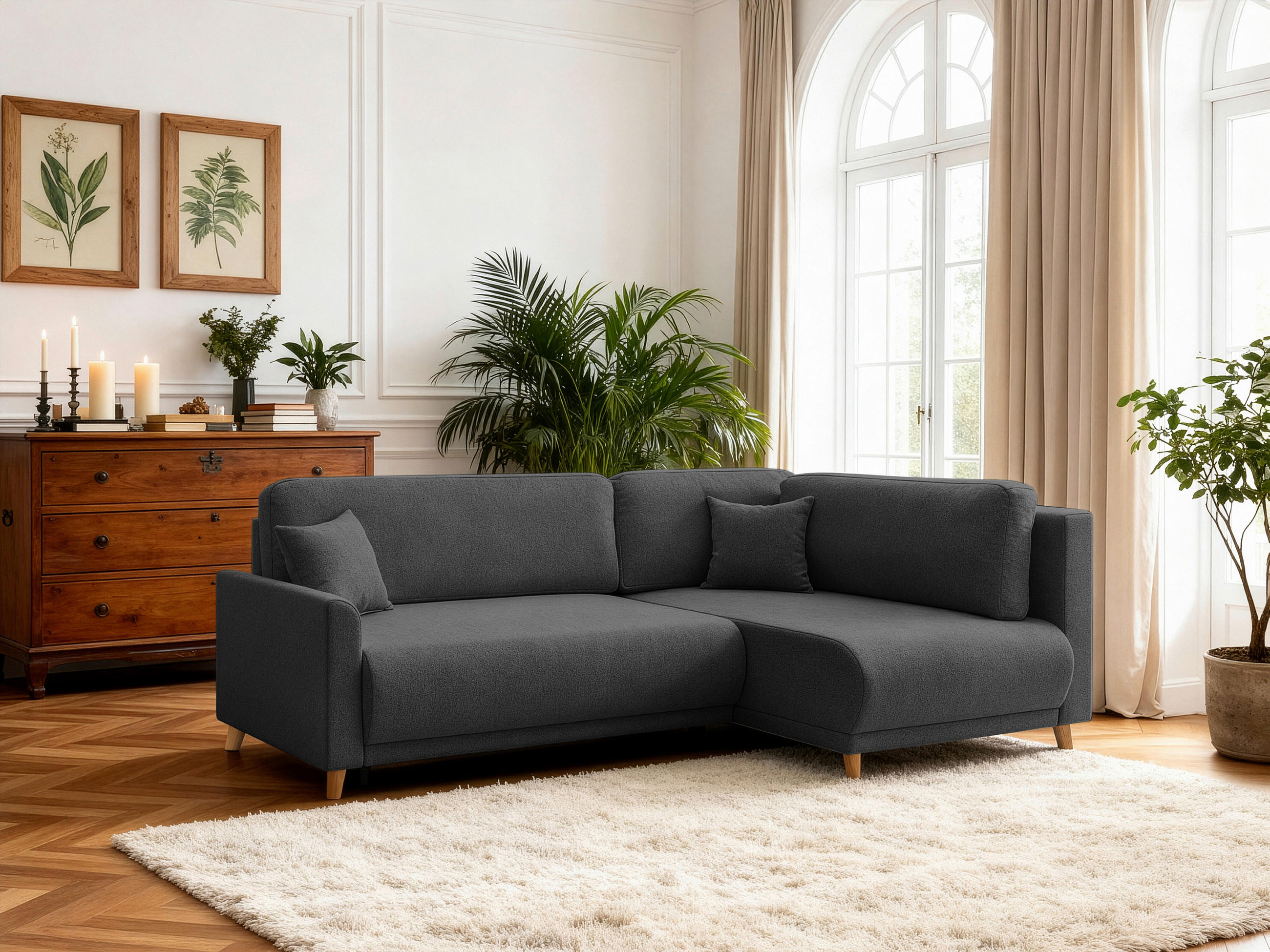 ECKSOFA MILOS Schwarz Flachgewebe, Struktur Rückenkissen, Bettkasten, Schlaffunktion, Rücken echt  - Schwarz/Naturfarben, Design, Textil (224/148cm) - P & B
