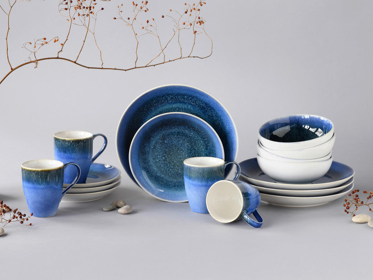 KOMBISERVICE Blau, Weiß Caldera blau 16-teilig 4 Personen  - Blau/Weiß, Basics, Keramik - Creatable