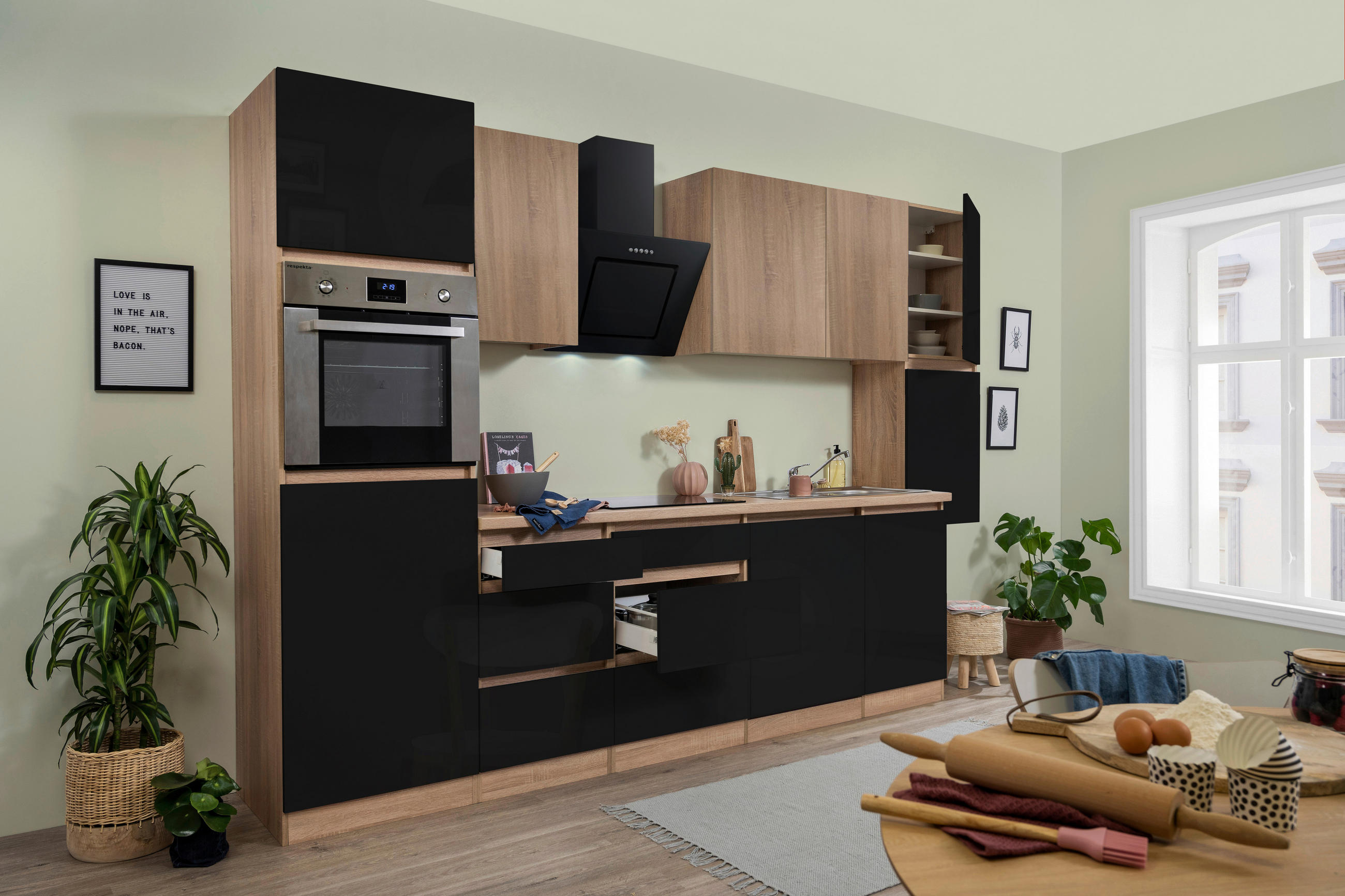 KÜCHENBLOCK 330 cm   in Eichefarben, Schwarz Hochglanz  - Schwarz Hochglanz/Eichefarben, Basics, Holzwerkstoff (330cm) - Respekta