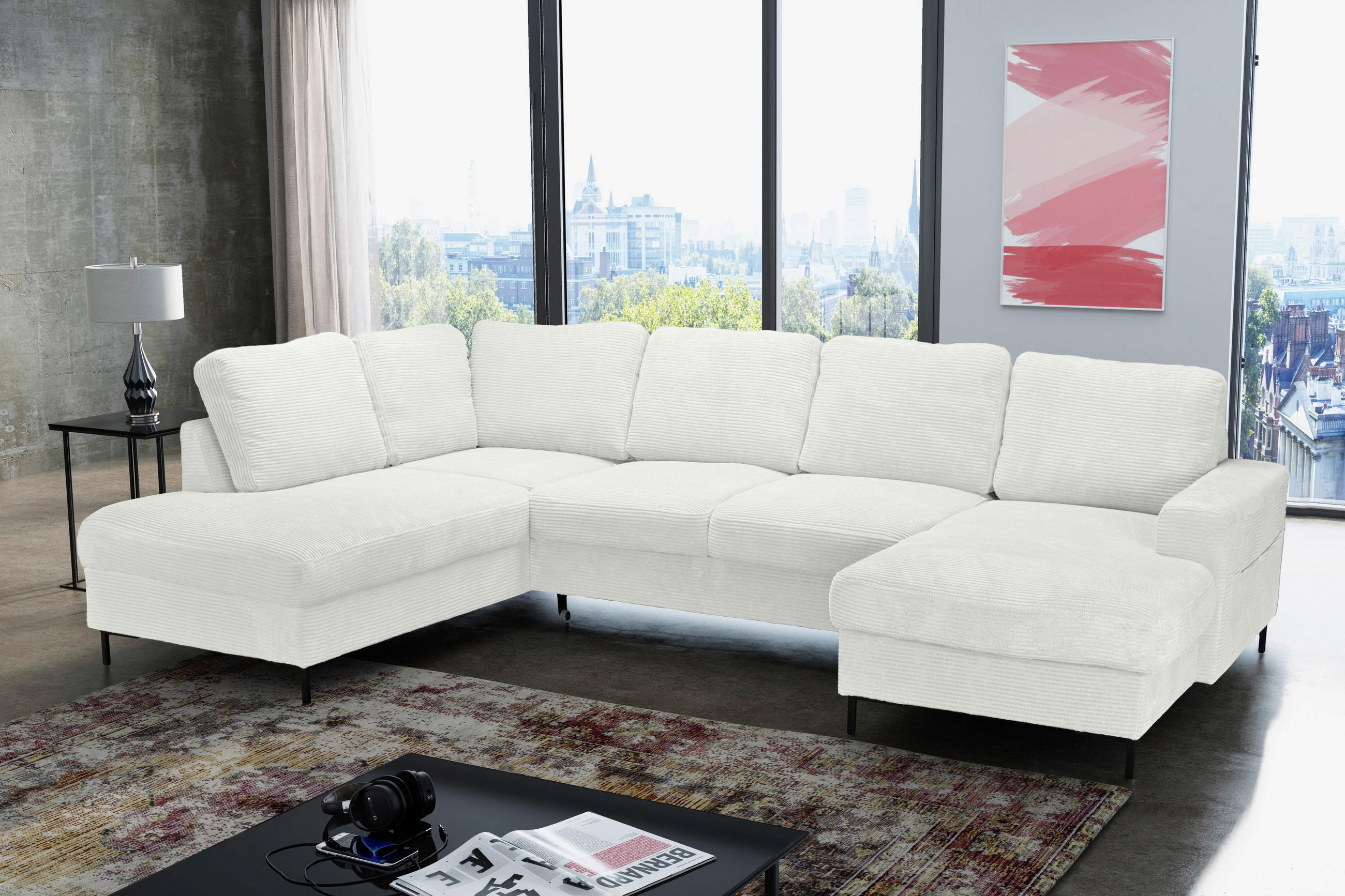 WOHNLANDSCHAFT Creme Cord  - Creme/Schwarz, KONVENTIONELL, Textil/Metall (197/303/148cm) - Carryhome