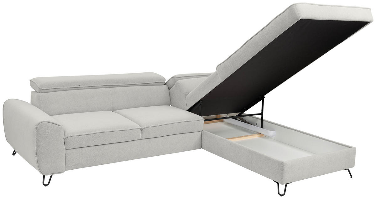ECKSOFA in Flachgewebe Hellgrau  - Hellgrau/Schwarz, Design, Textil/Metall (250/200cm) - Stylife