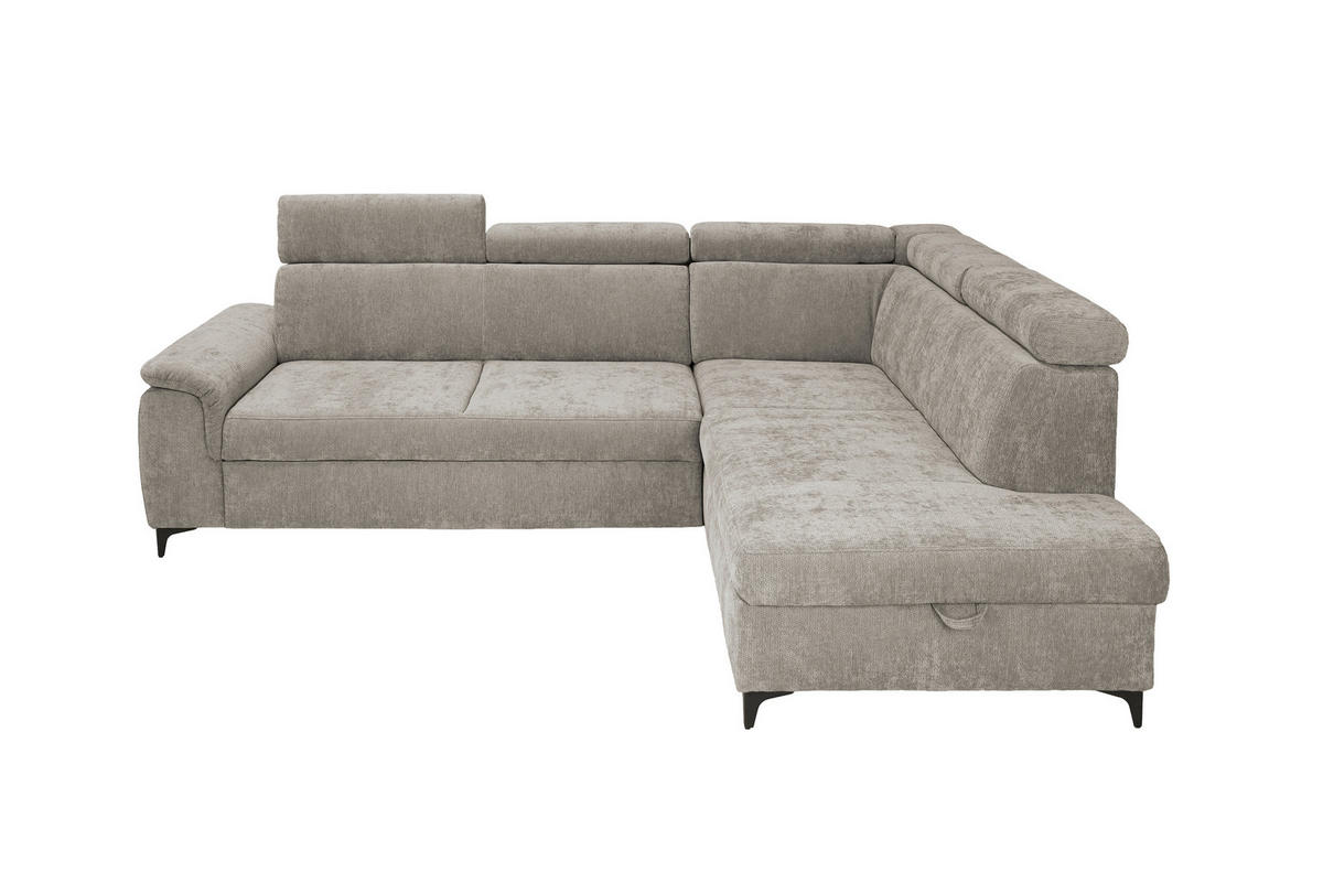 ECKSOFA Taupe Chenille Bettkasten, Schlaffunktion, Rücken echt, Kopfteilverstellung, Liegefläche im Originalstoff  - Taupe/Schwarz, KONVENTIONELL, Textil/Metall (265/206cm) - Carryhome