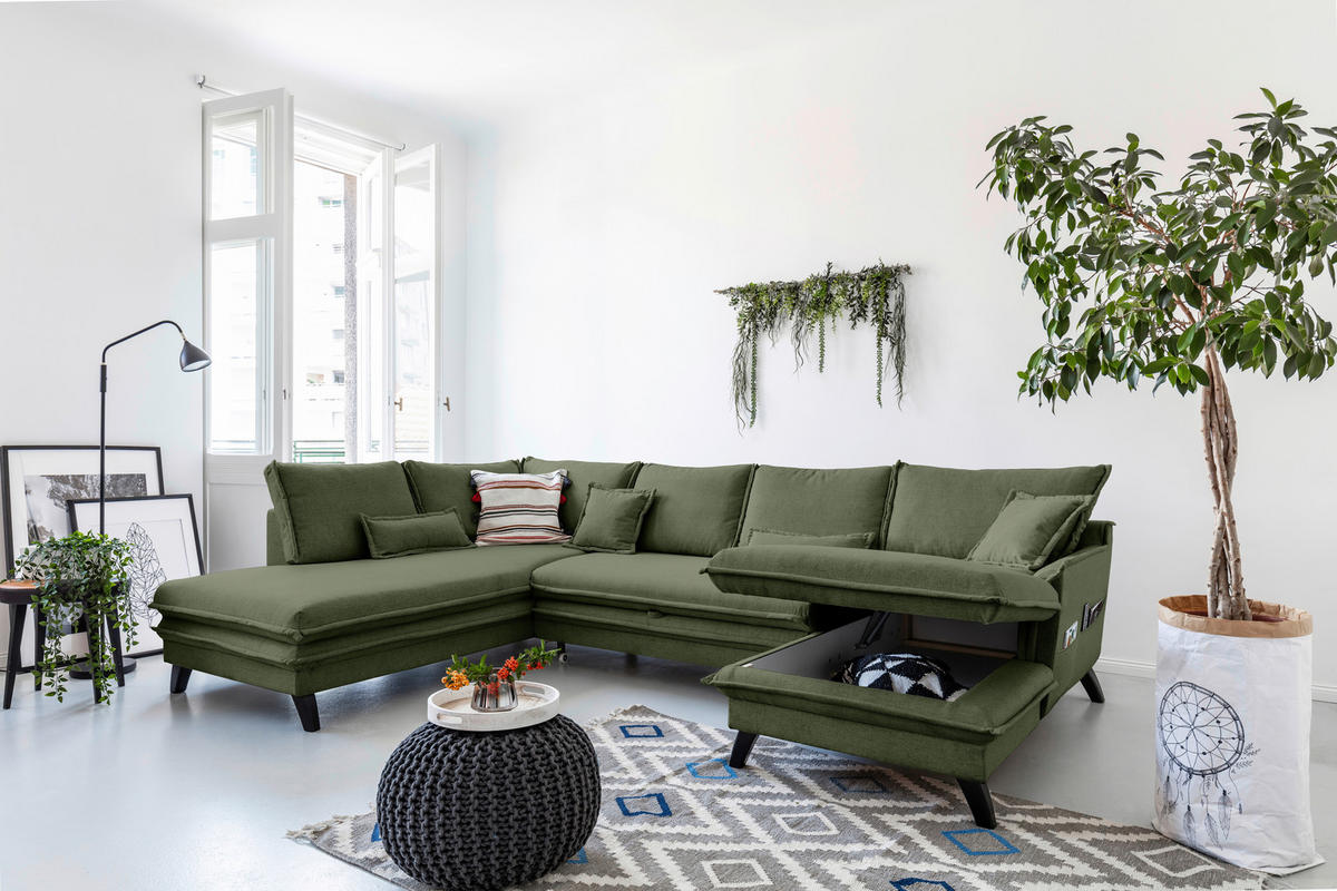 SJEDEĆA GARNITURA tekstil  zelena   - zelena/crna, Design, tekstil/drvo (200/300/150cm) - P & B