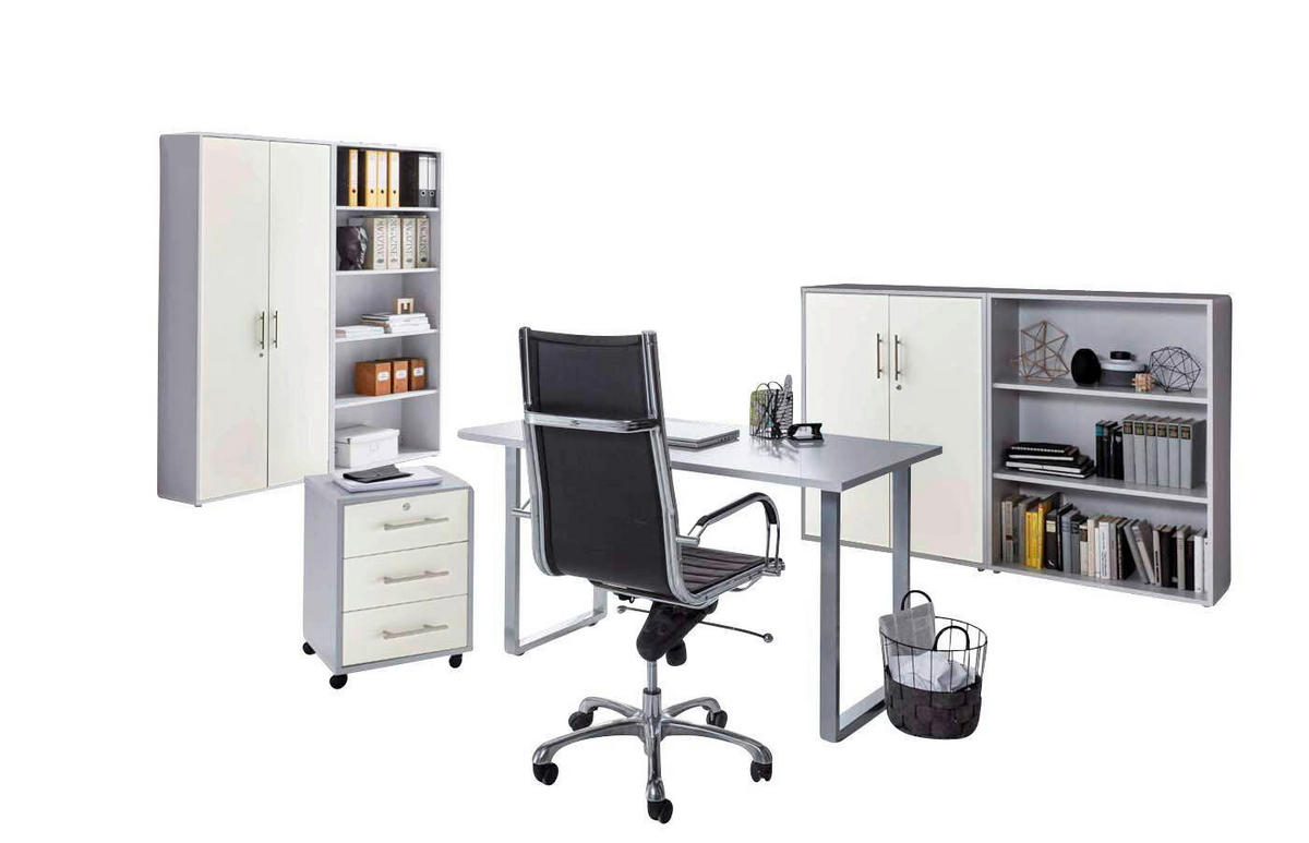 BÜRO erweiterbar, abschließbar Grau, Weiß - Weiß/Grau, MODERN, Holzwerkstoff/Metall - MID.YOU