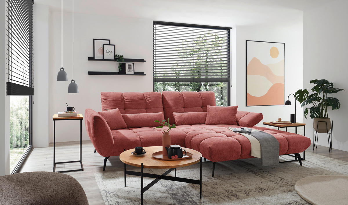 ECKSOFA Weinrot Flachgewebe Rücken echt, Sitztiefenverstellung  - Weinrot/Schwarz, KONVENTIONELL, Textil/Metall (273/211cm) - SetOne by Musterring