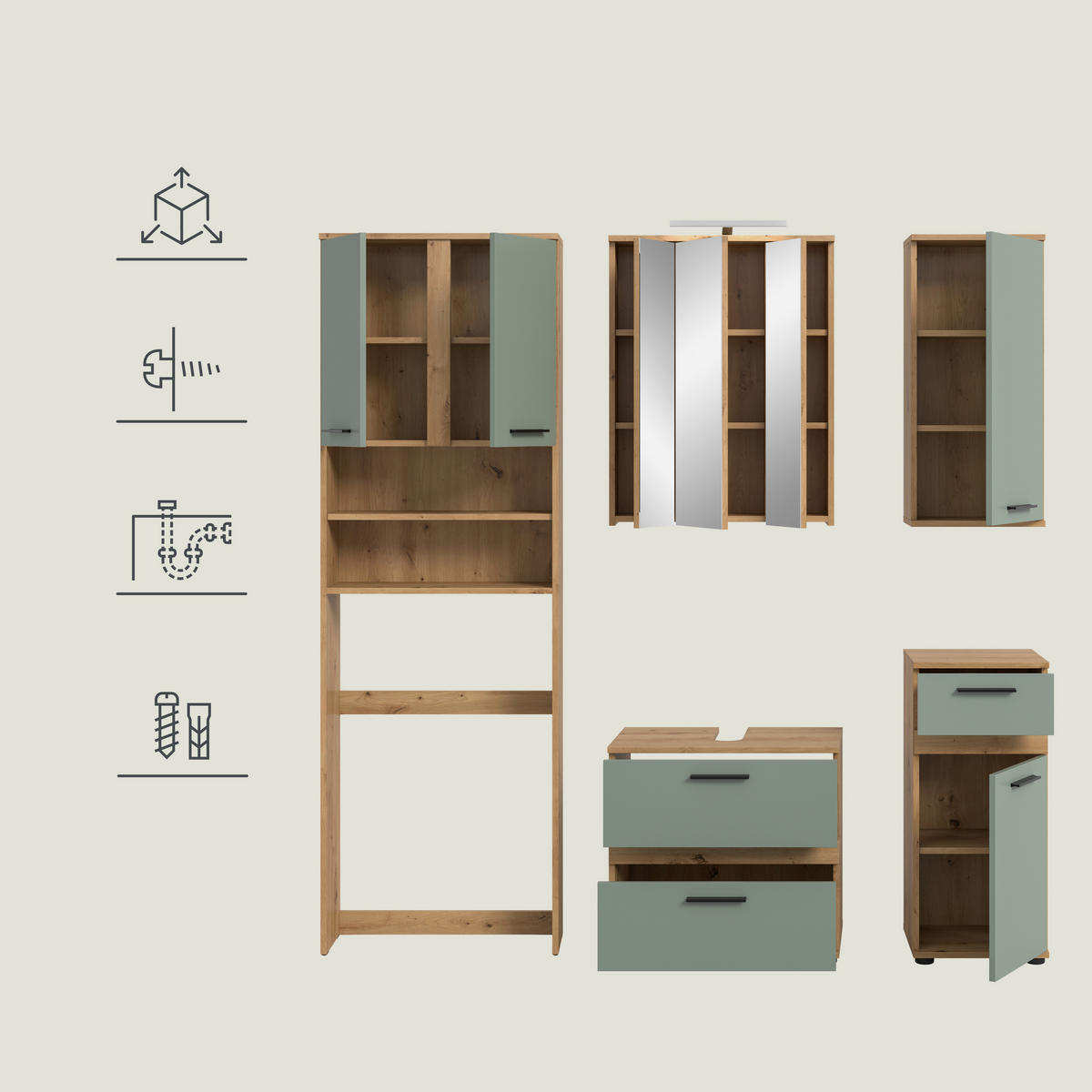 BADEZIMMER 6-teilig  in 188 cm  - Salbeigrün/Schwarz, Trend, Glas/Holzwerkstoff (188cm) - MID.YOU