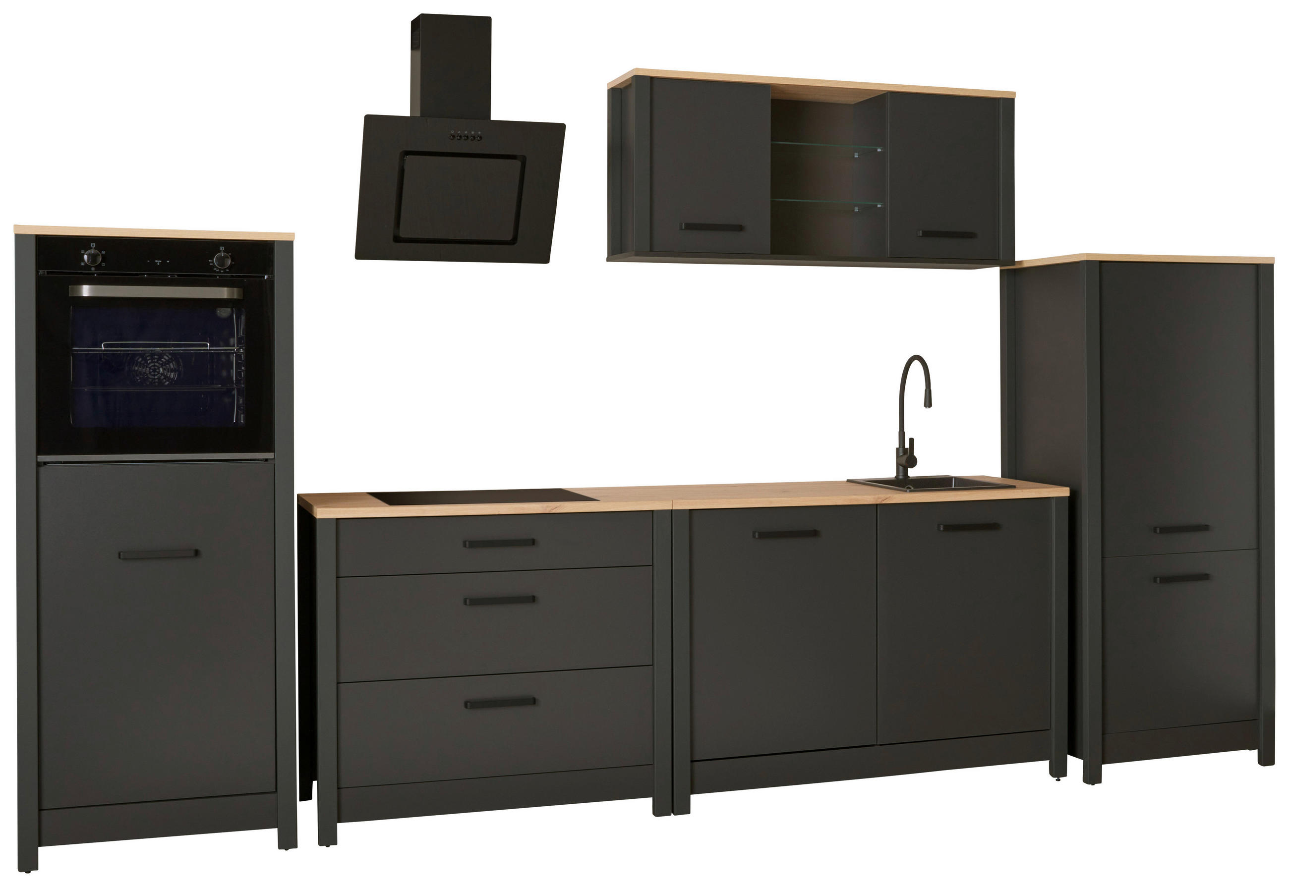 KÜCHENLEERBLOCK   in Anthrazit, Eiche Artisan  - Anthrazit/Schwarz, MODERN, Glas/Holzwerkstoff (370/167/60cm) - home24
