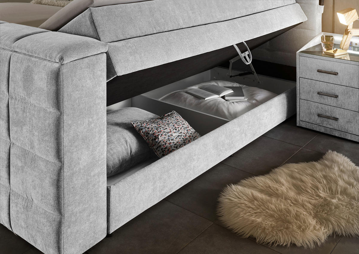 BOXSPRINGBETT 180/200 cm,  in Silberfarben, Matratze, Bettkasten, Topper, Fernbedienung, unterschiedliche Matratzenhärtegrade je Bettseite, Wendematratze mit unterschiedlichen Härtegraden, H2 + H3 = mittel + fest  - Silberfarben, KONVENTIONELL, Textil (180/200cm) - Boxxx