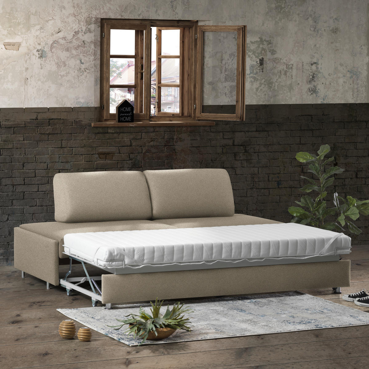 SCHLAFSOFA in Textil Hellbraun  - Chromfarben/Hellbraun, Design, Textil/Metall (212/84/100cm) - Bali