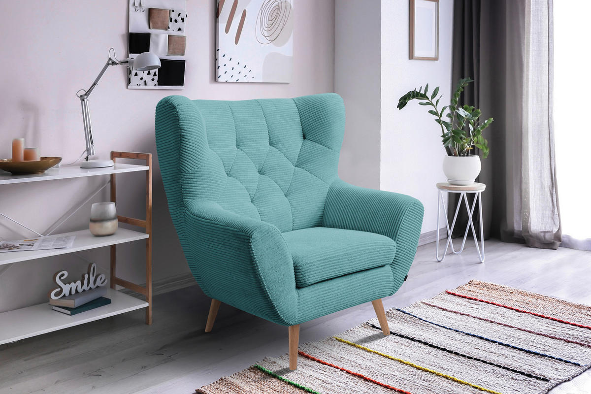 SESSEL in Cord Türkis  - Türkis/Eichefarben, Design, Holz/Textil (87/101/95cm) - Stylife