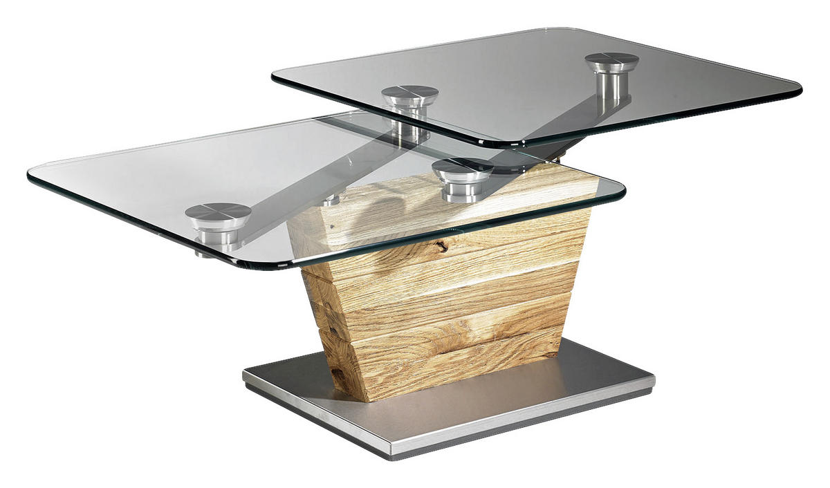 COUCHTISCH Asteiche massiv ESG, Klarglas 113/60/41/44 cm rechteckig Eichefarben, Edelstahlfarben  - Edelstahlfarben/Eichefarben, Basics, Glas/Holz (113/60/41/44cm) - Novel