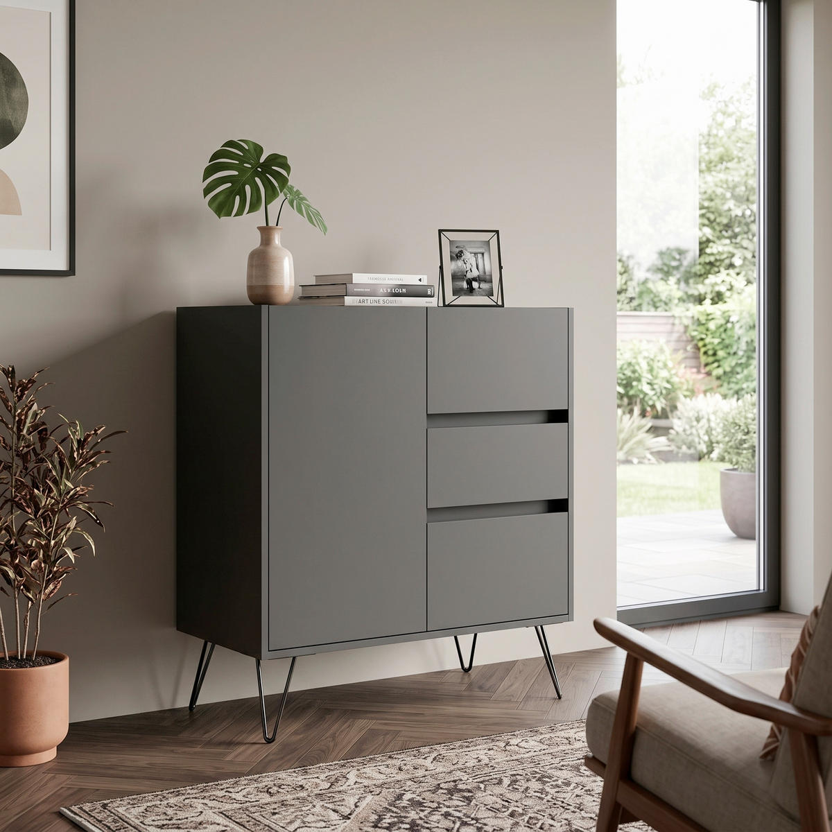 SIDEBOARD Posseik Industrial 76/93,6/42 cm 3 Schublade(n)  - Graphitfarben/Schwarz, Design, Holzwerkstoff/Metall (76/93,6/42cm) - MID.YOU