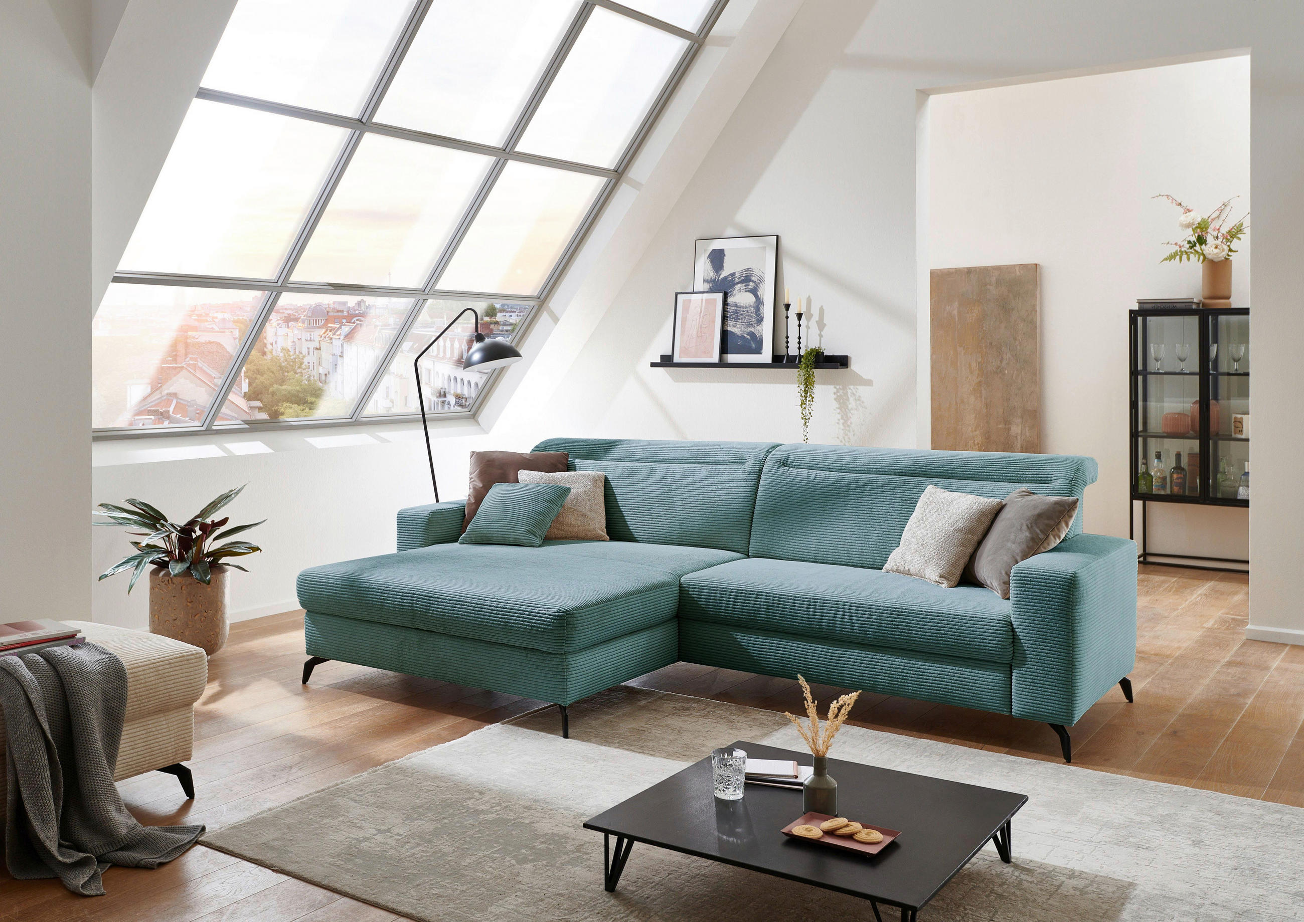 ECKSOFA in Cord Petrol  - Petrol/Schwarz, Konventionell, Textil/Metall (178/290cm) - Sit & More
