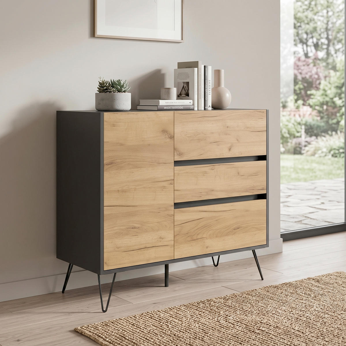 SIDEBOARD Posseik Industrial 99/93,6/42 cm 3 Schublade(n)  - Elfenbein/Eichefarben, Design, Holzwerkstoff/Metall (99/93,6/42cm) - MID.YOU