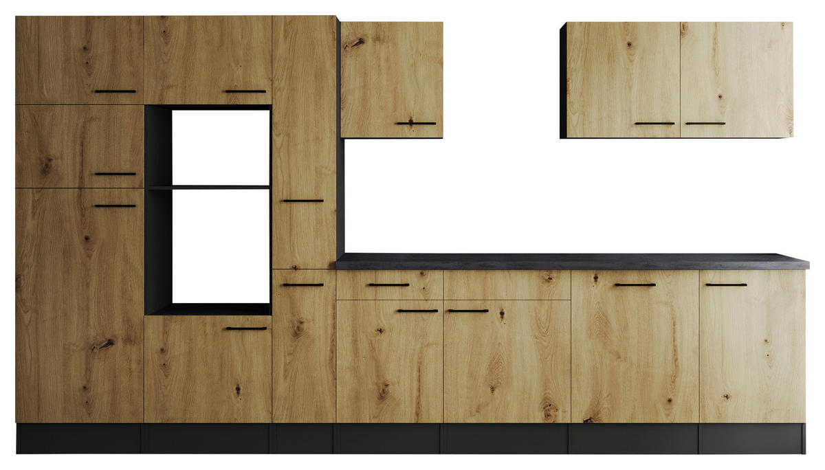 KONYHABLOKK GÉPEK NÉLKÜL  - fekete/Artisan tölgy, Design, faalapú anyag/fém (370cm) - Respekta