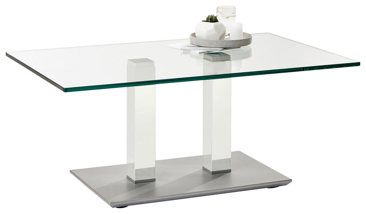 COUCHTISCH in Metall, Glas 110/70/46-65 cm  - Weiss/Edelstahlfarben, Design, Glas/Kunststoff (110/70/46-65cm)