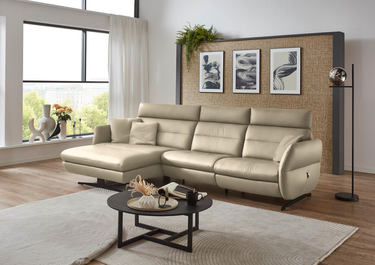 ECKSOFA in Echtleder Ecru  169/298 cm  - Ecru/Schwarz, Design, Leder/Metall (169/298cm) - Dieter Knoll