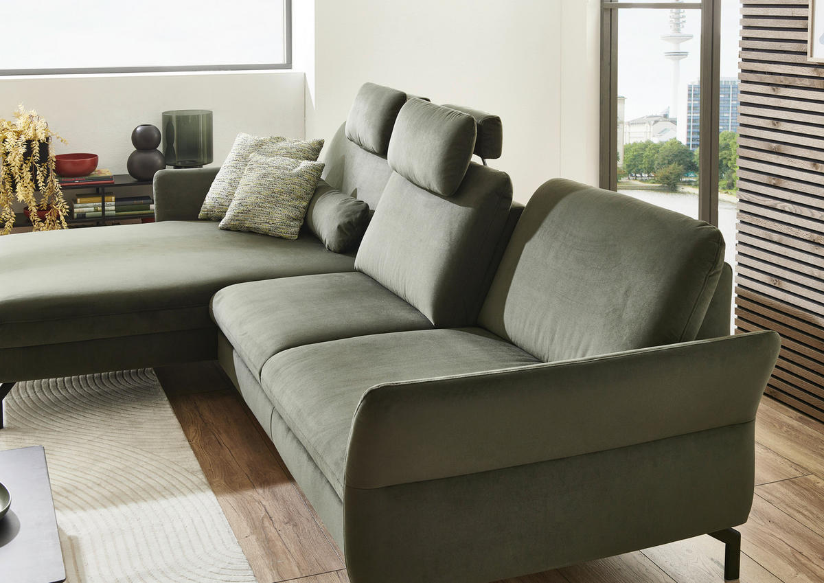 ECKSOFA in Velours Olivgrün  - Schwarz/Olivgrün, Design, Textil/Metall (179/306cm) - Beldomo System