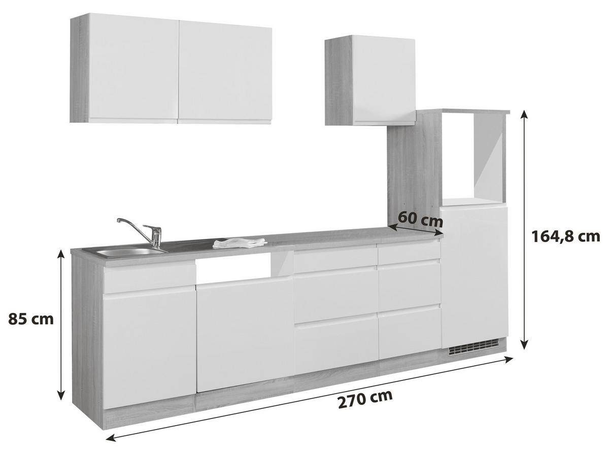 KÜCHENLEERBLOCK 280 cm   Grau, Weiss  - Weiss Hochglanz/Weiss, Basics, Holzwerkstoff (280cm) - Held