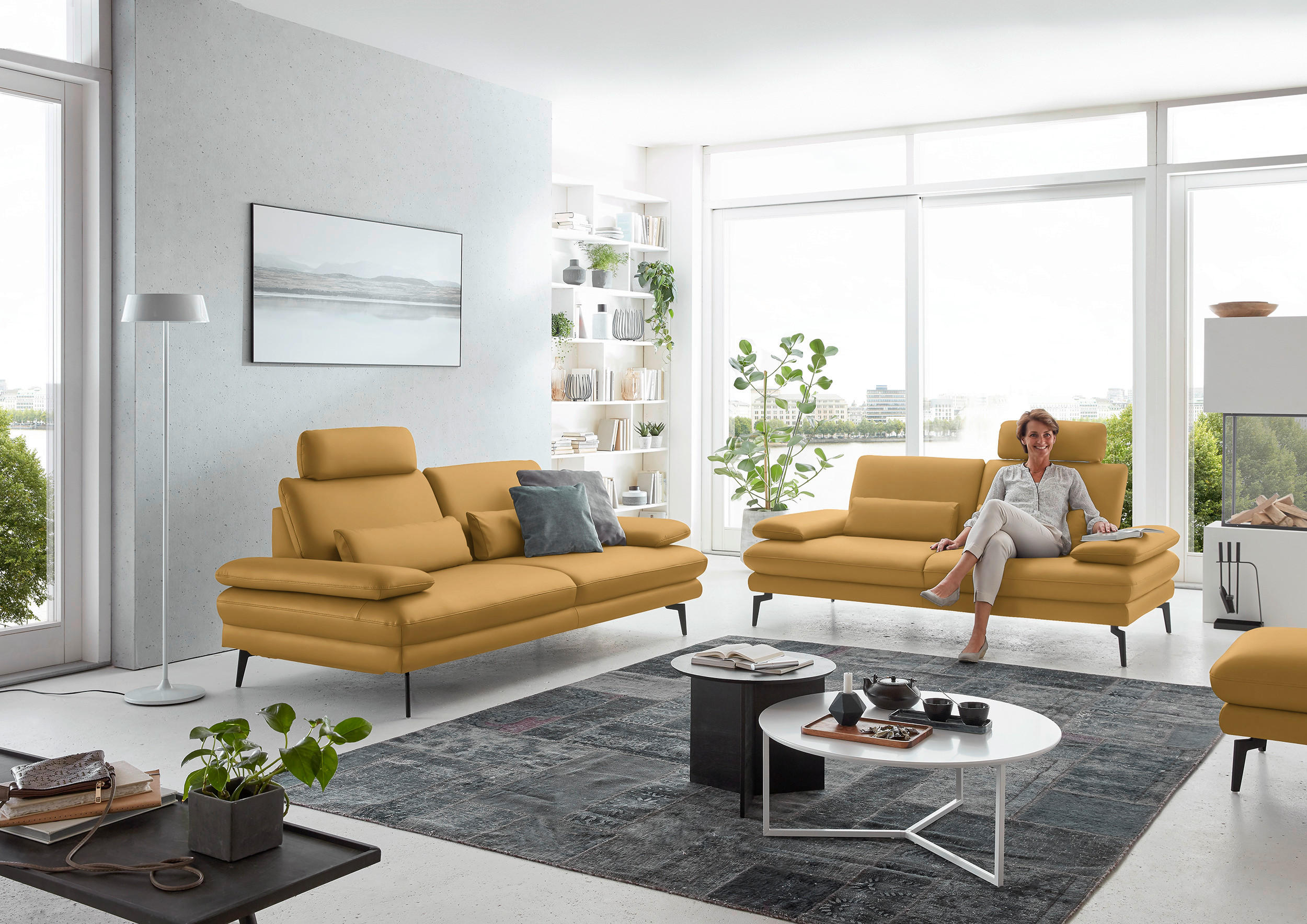 3-SITZER-SOFA in Echtleder Gelb  - Gelb/Schwarz, Design, Leder/Metall (222/86/104cm) - Dieter Knoll