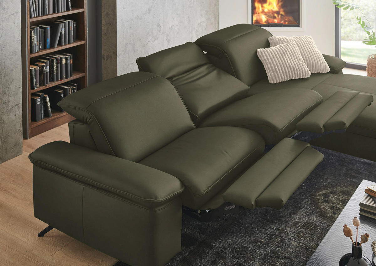 ECKSOFA  Echtleder Graugrün  - Schwarz/Graugrün, Design, Leder/Metall (307/169cm) - Beldomo Premium
