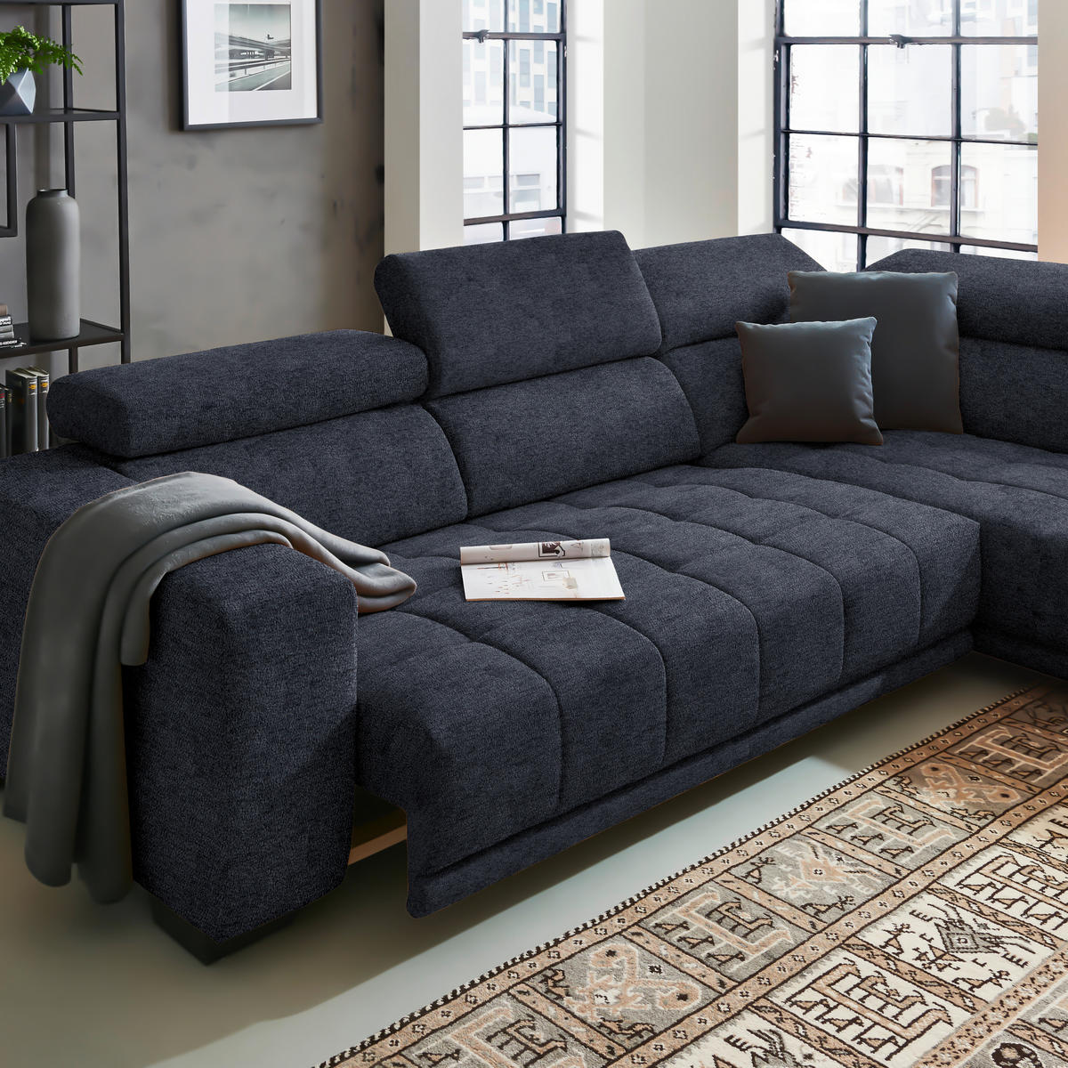 ECKSOFA  in Mikrofaser Dunkelgrau  301/207 cm  - Dunkelgrau/Schwarz, Design, Textil/Metall (301/207cm) - Xora