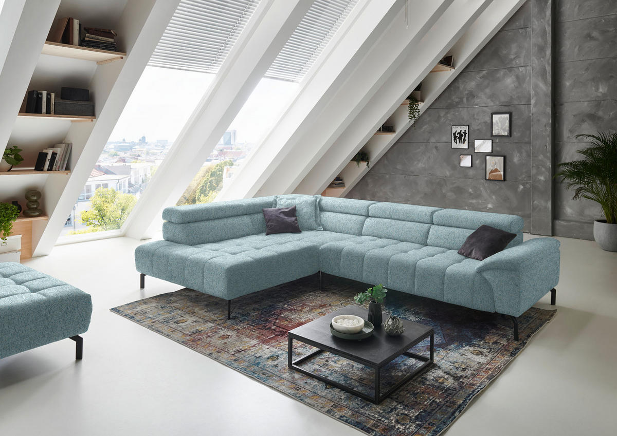 ECKSOFA in Chenille Hellblau  - Schwarz/Hellblau, Design, Textil/Metall (222/323cm) - Beldomo Style