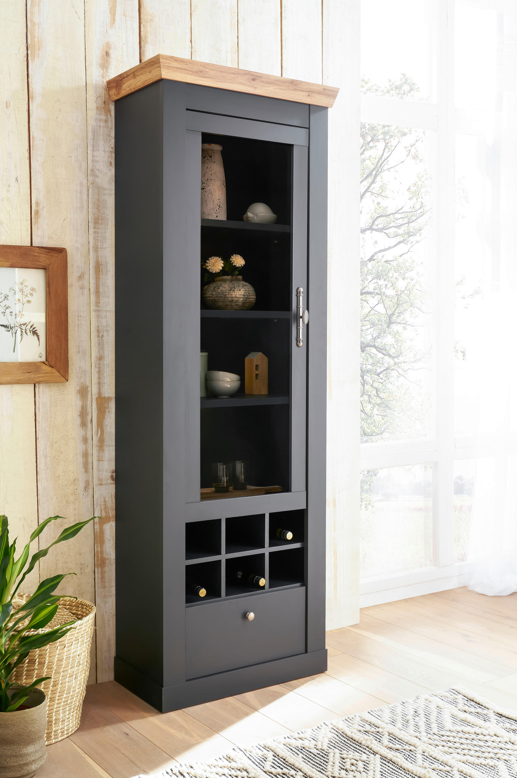 VITRINE in Anthrazit, Eiche Wotan  - Anthrazit/Silberfarben, Design, Holzwerkstoff/Metall (72/201/38cm) - MID.YOU