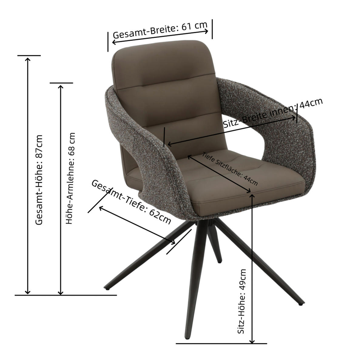 ARMLEHNSTUHL  Sitzfläche 360° drehbar, inklusive Armlehnen Lederlook, Webstoff  Braun, Hellbraun  - Hellbraun/Schwarz, MODERN, Textil/Metall (61/87,5/62,5cm) - MID.YOU