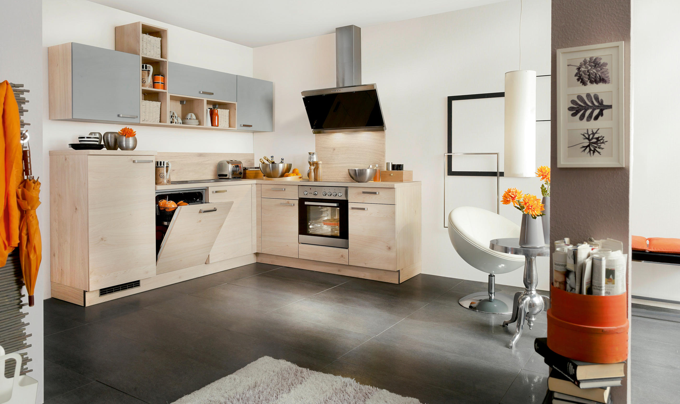 BUCĂTĂRIE PE COLȚ   - culoare lemn stejar/gri, Konventionell, material pe bază de lemn (245/225cm) - Welnova