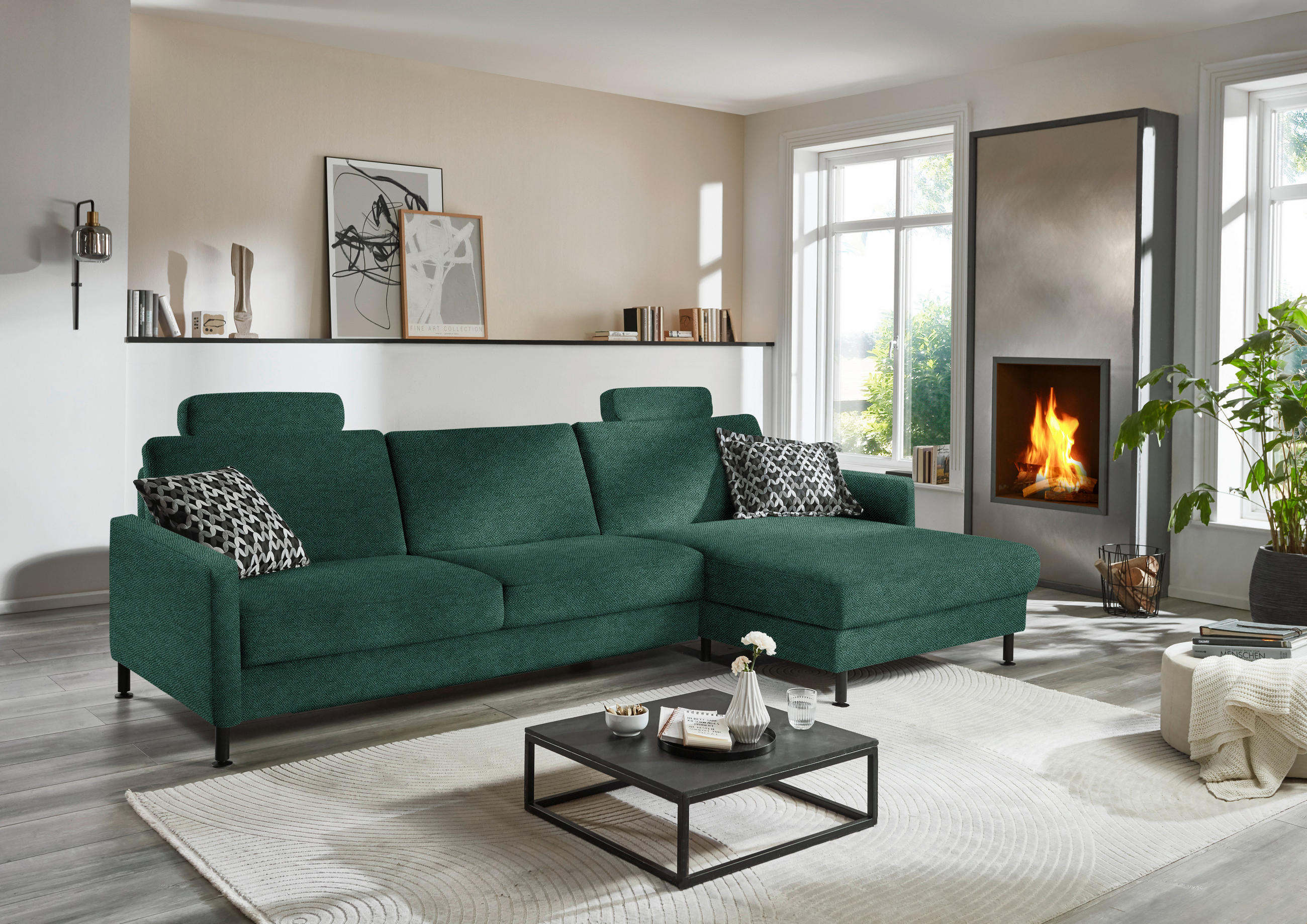 ECKSOFA Dieter Knoll in Chenille, Flachgewebe Waldgrün  316/175 cm  - Waldgrün/Schwarz, Design, Textil/Metall (316/175cm) - Dieter Knoll