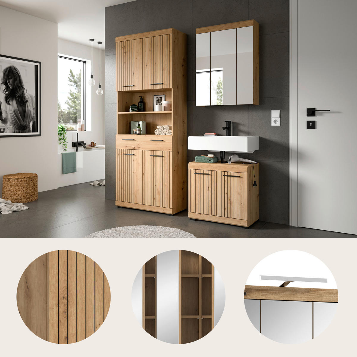 BADEZIMMER 3-teilig  in 134 cm  - Schwarz/Eiche Artisan, Trend, Glas/Holzwerkstoff (134cm) - MID.YOU