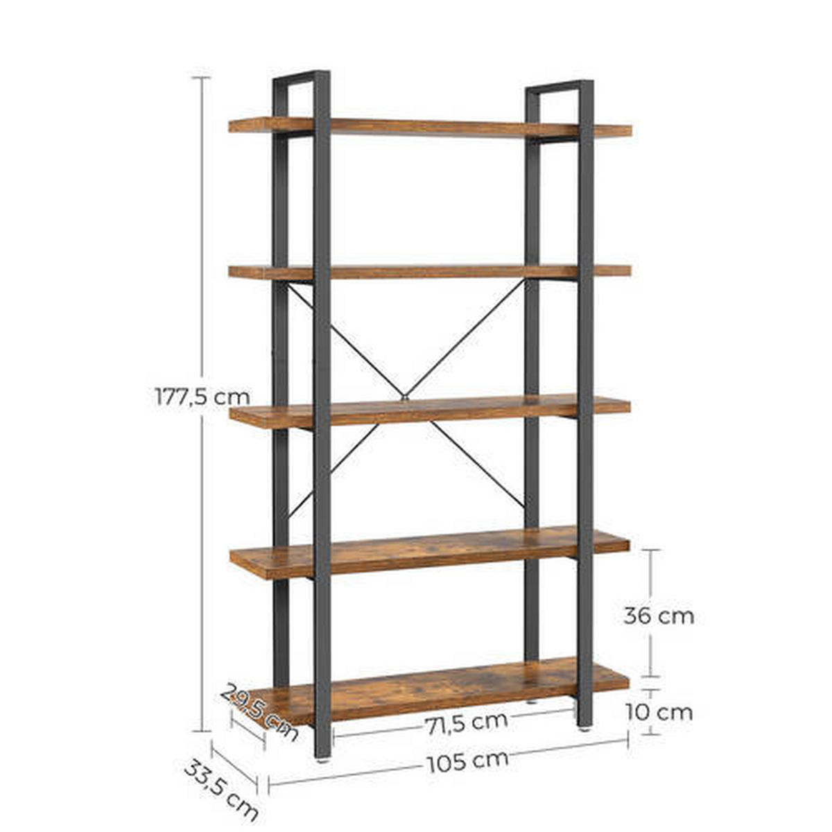 REGÁL, hnědá, černá, uhlíková ocel, 105/178/34 cm - černá/hnědá, Basics, kov/kompozitní dřevo (105/178/34cm) - Boxxx