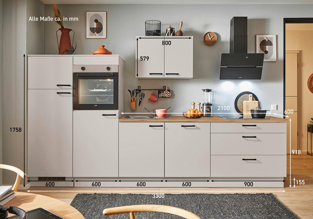 KÜCHENBLOCK PN 80 330 cm  in Eichefarben, Kaschmir  - Kaschmir/Eichefarben, Design, Holzwerkstoff/Metall (330cm) - Pino