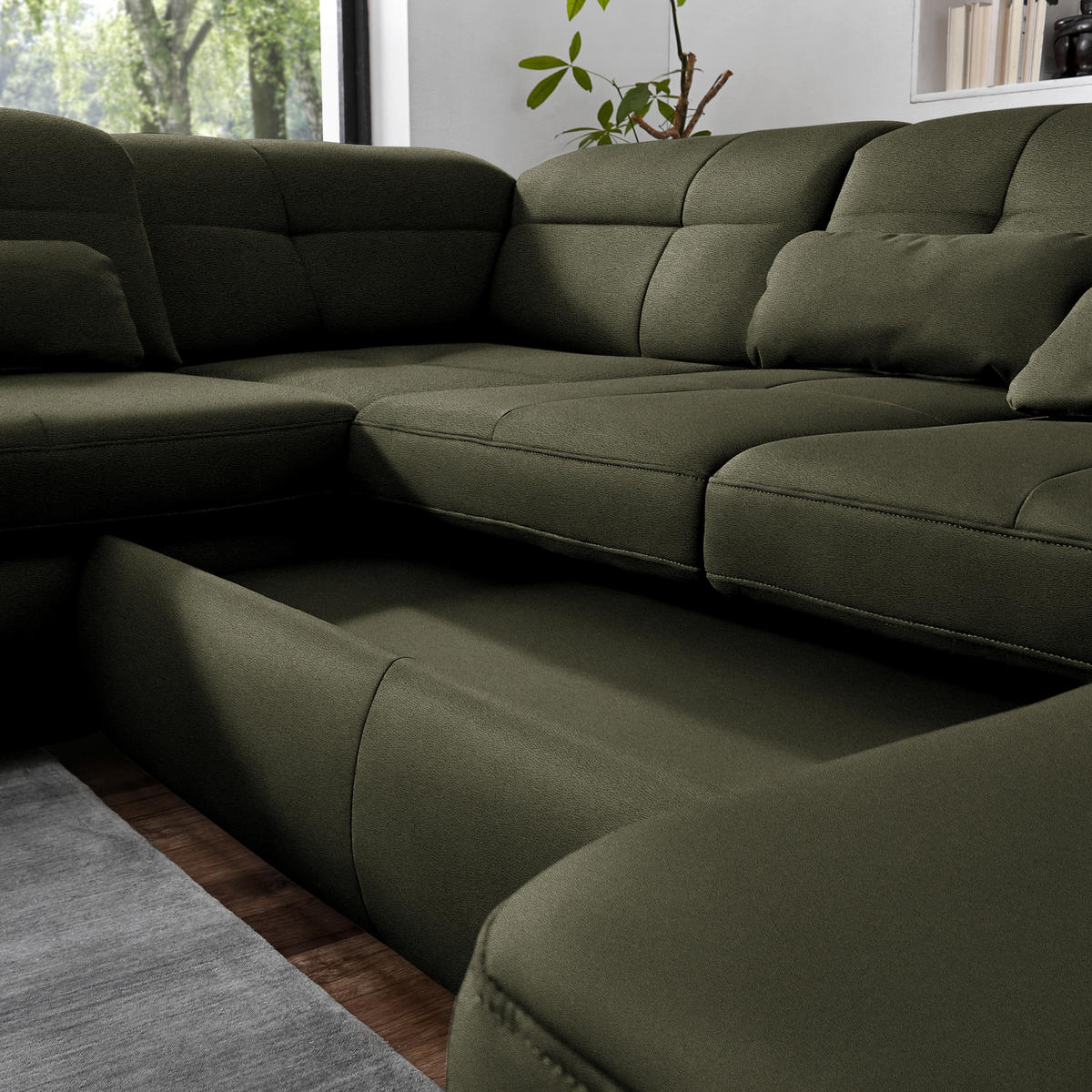 WOHNLANDSCHAFT  in Mikrofaser Olivgrün  - Chromfarben/Olivgrün, Design, Holzwerkstoff/Textil (260/371/195cm) - Beldomo Style