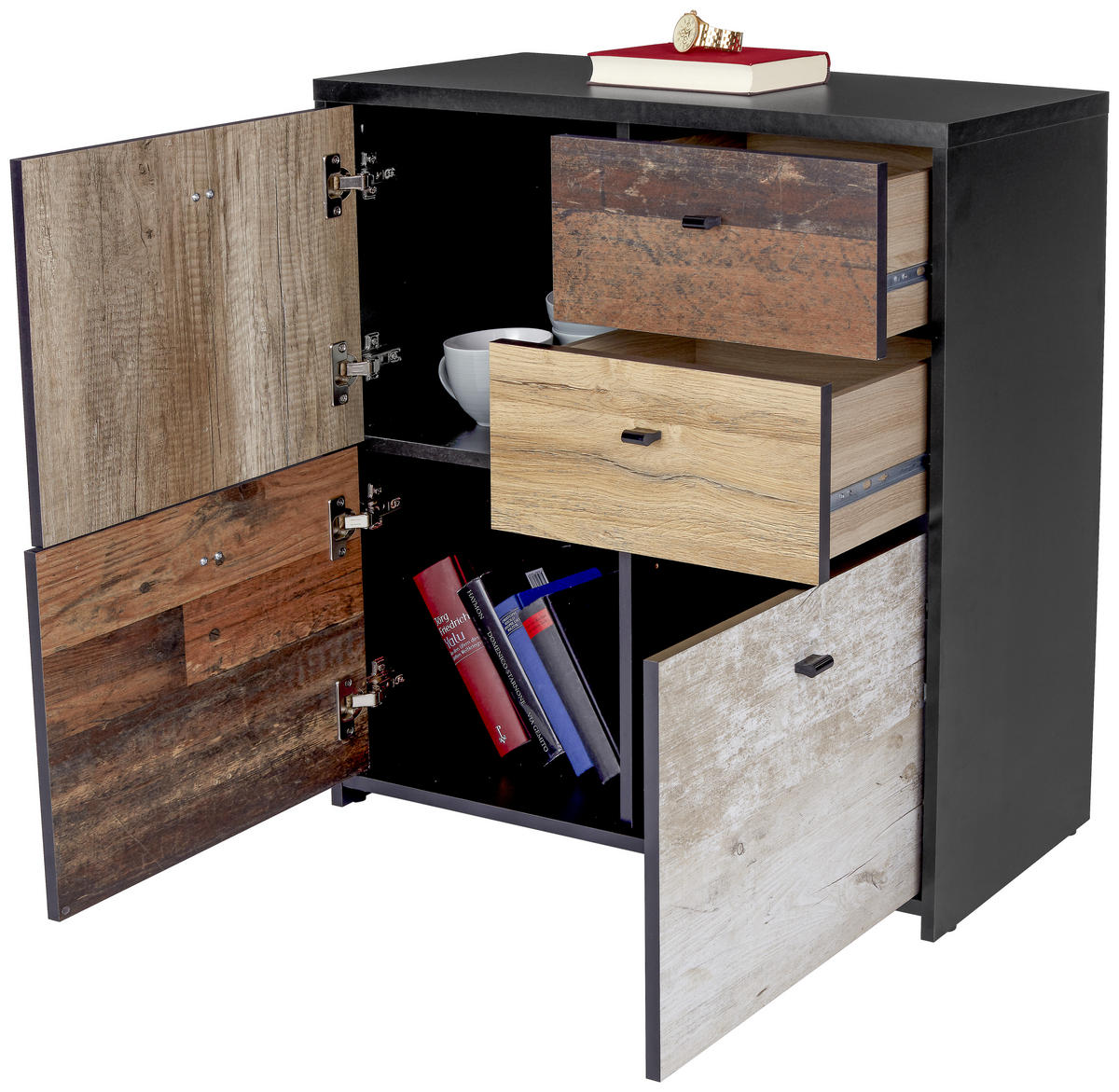 KOMODA  77,2/77,5/29,6 cm  crna, boja hrasta, boja pinije  - boja hrasta/boja pinije, Moderno, metal/pločasti materijal (77,2/77,5/29,6cm) - Carryhome